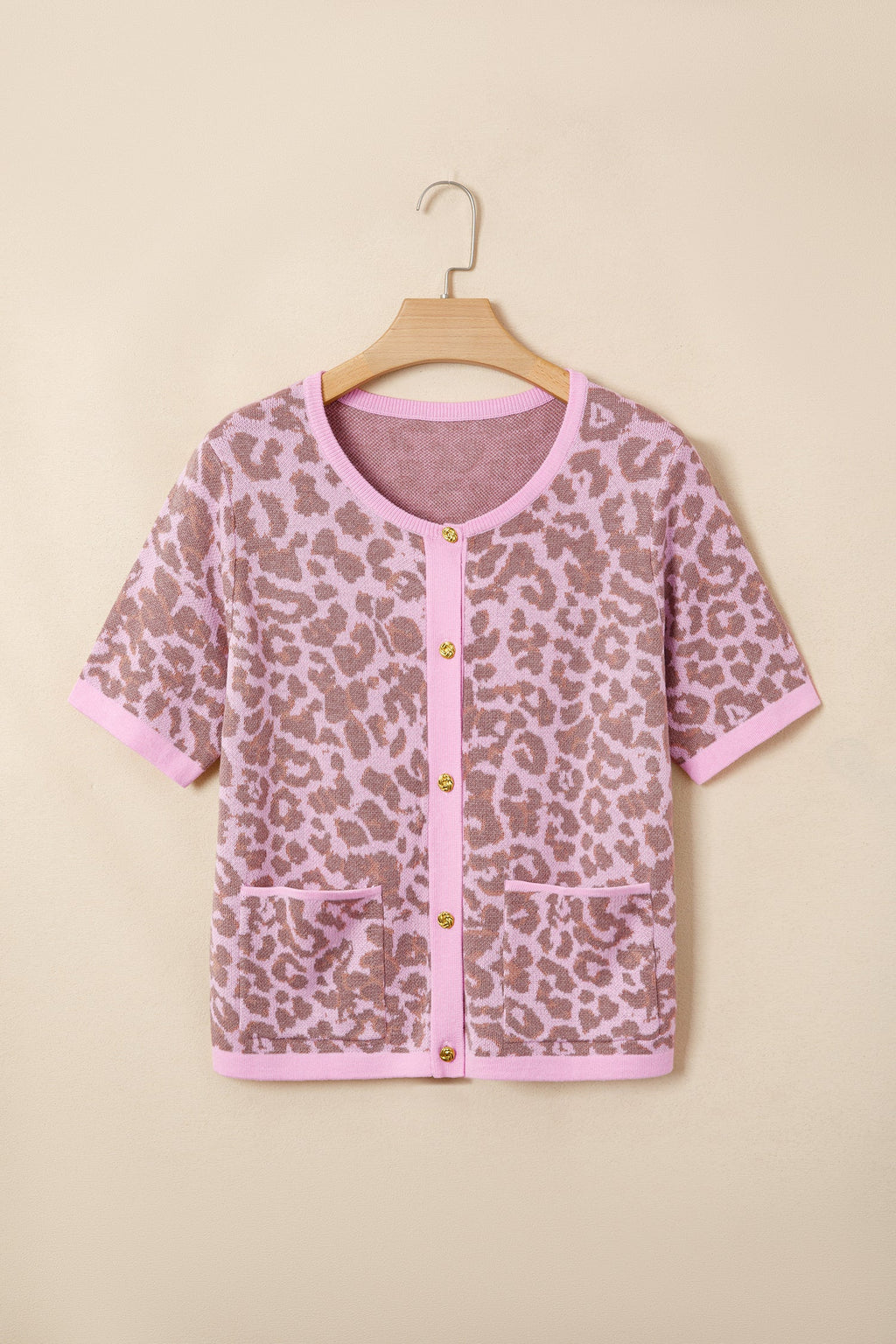 Pink Leopard Button Down Short Sleeve Sweater Cardigan