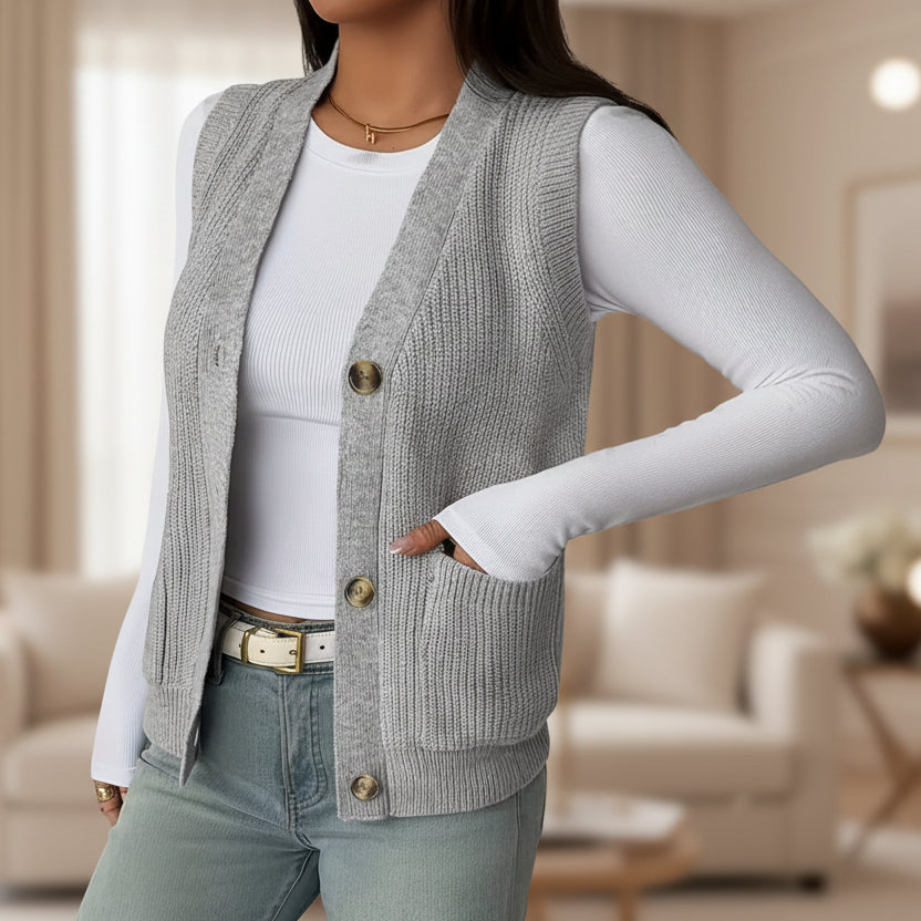 Women's Loose Single-Breasted Knit Sweater Vest in gray