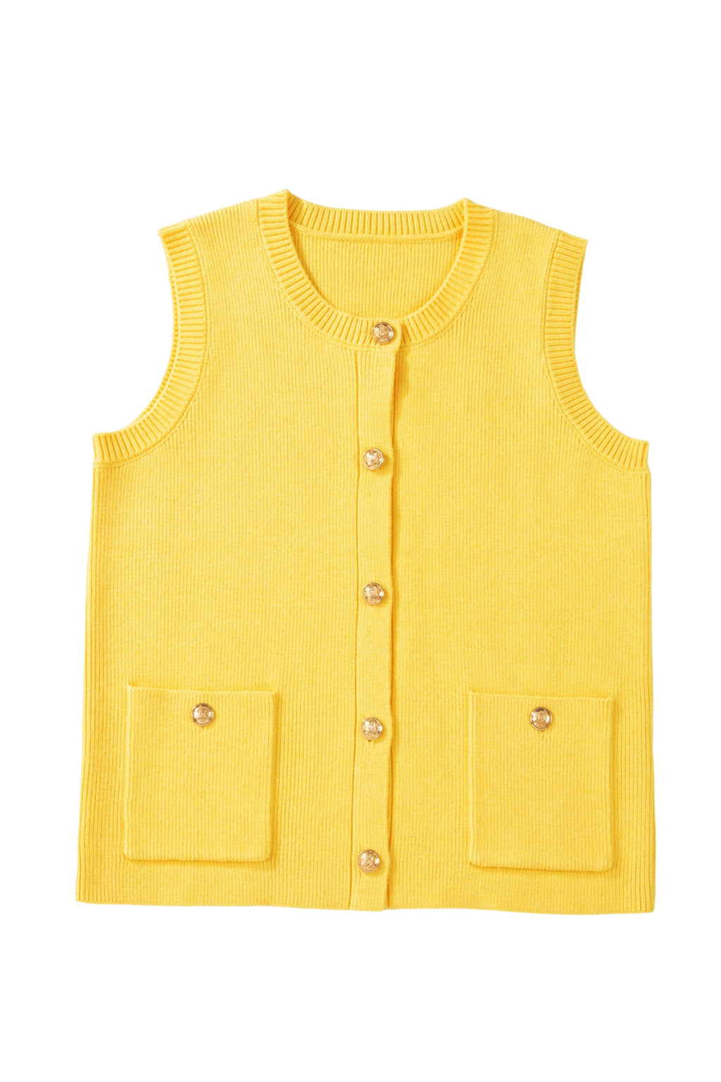 Yellow Cream Solid Color Sleeveless Knit Button Pocketed Sweater