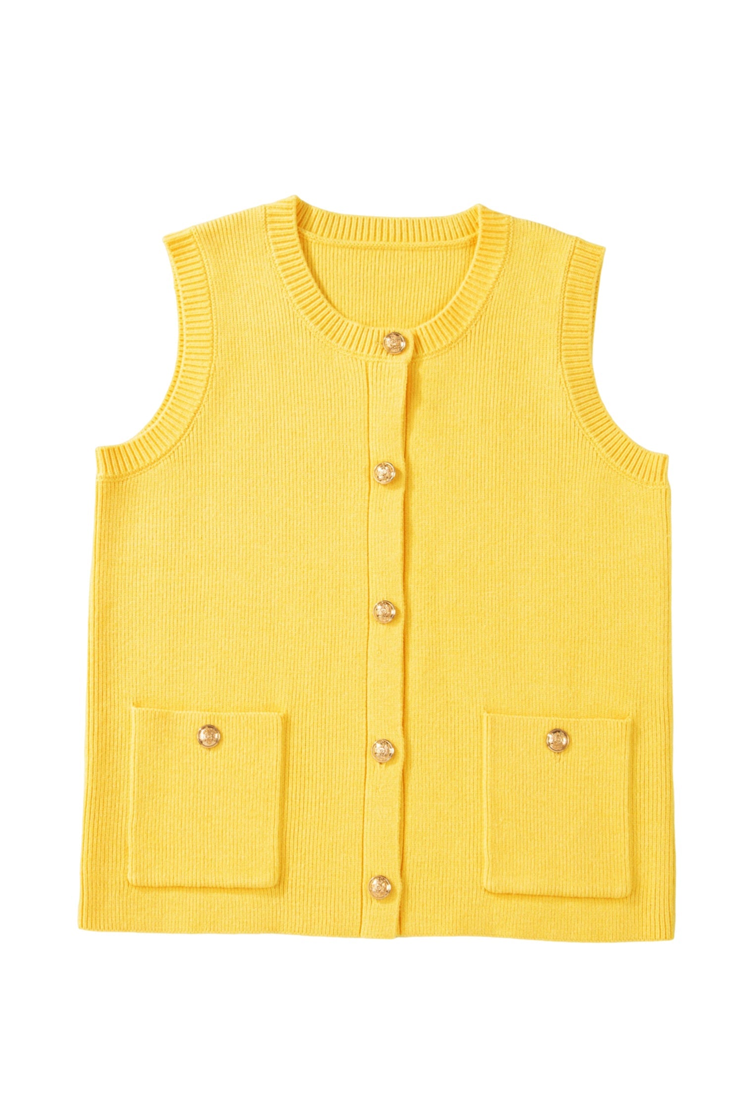 Yellow Cream Solid Color Sleeveless Knit Button Pocketed Sweater