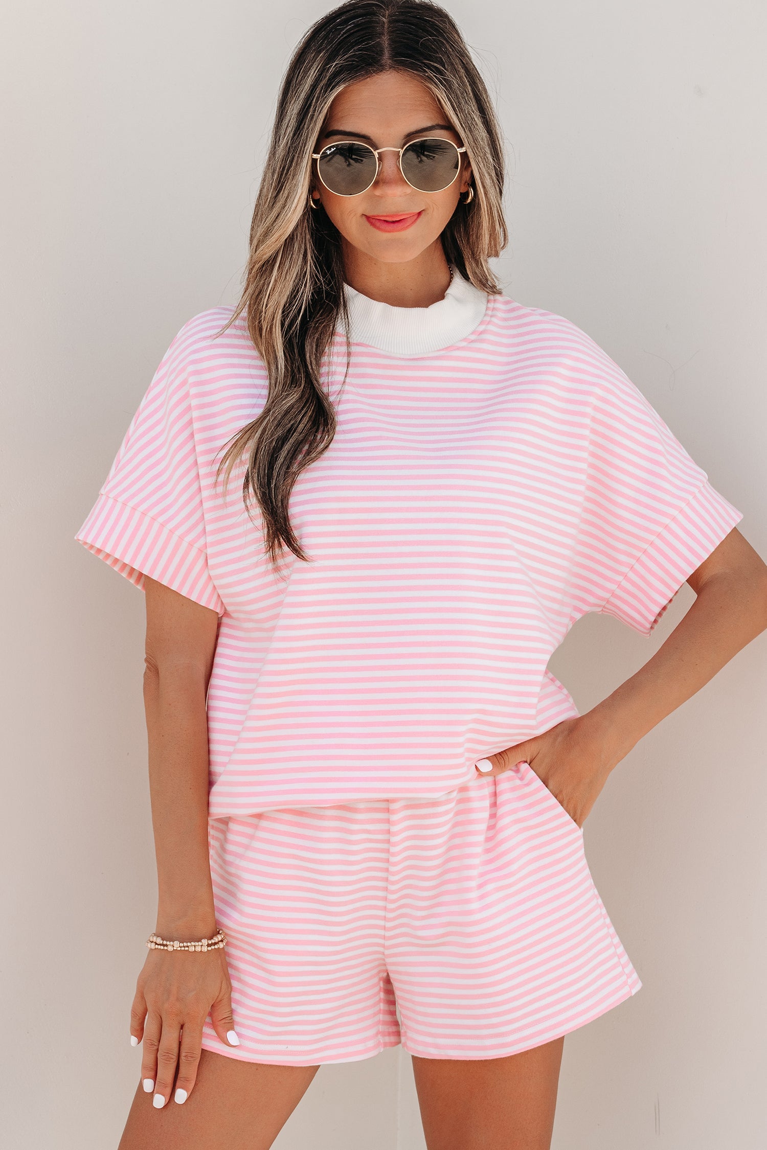 Stripe Contrast Mock Neck Tee & Shorts Set