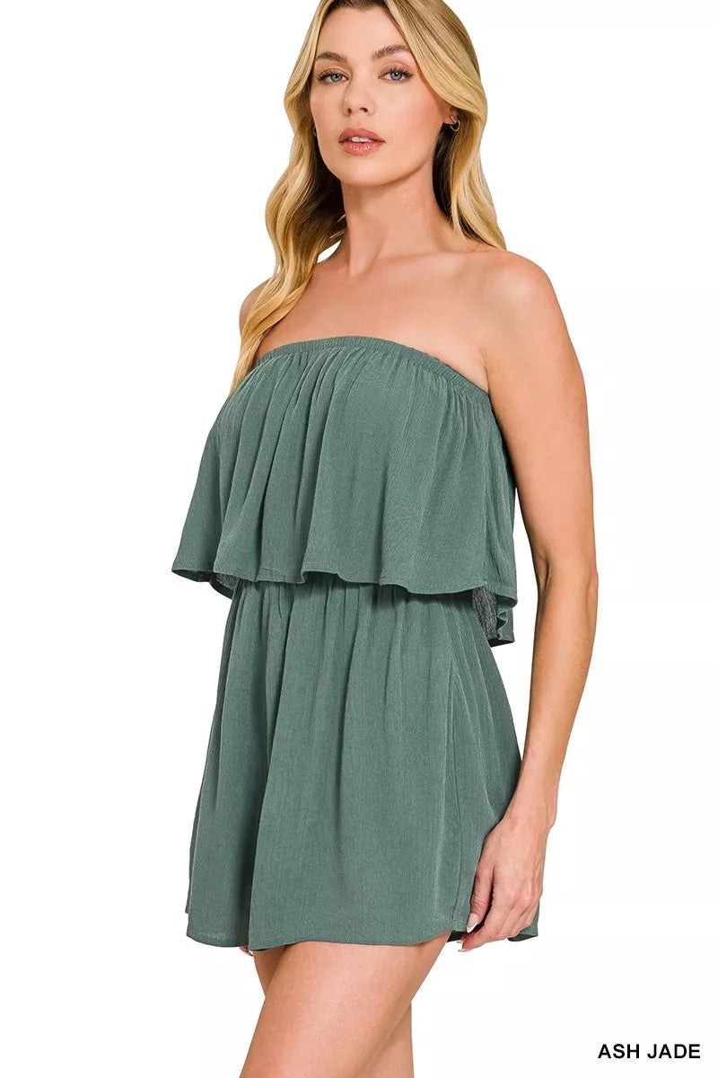 Woven Crinkle Strapless Rompers