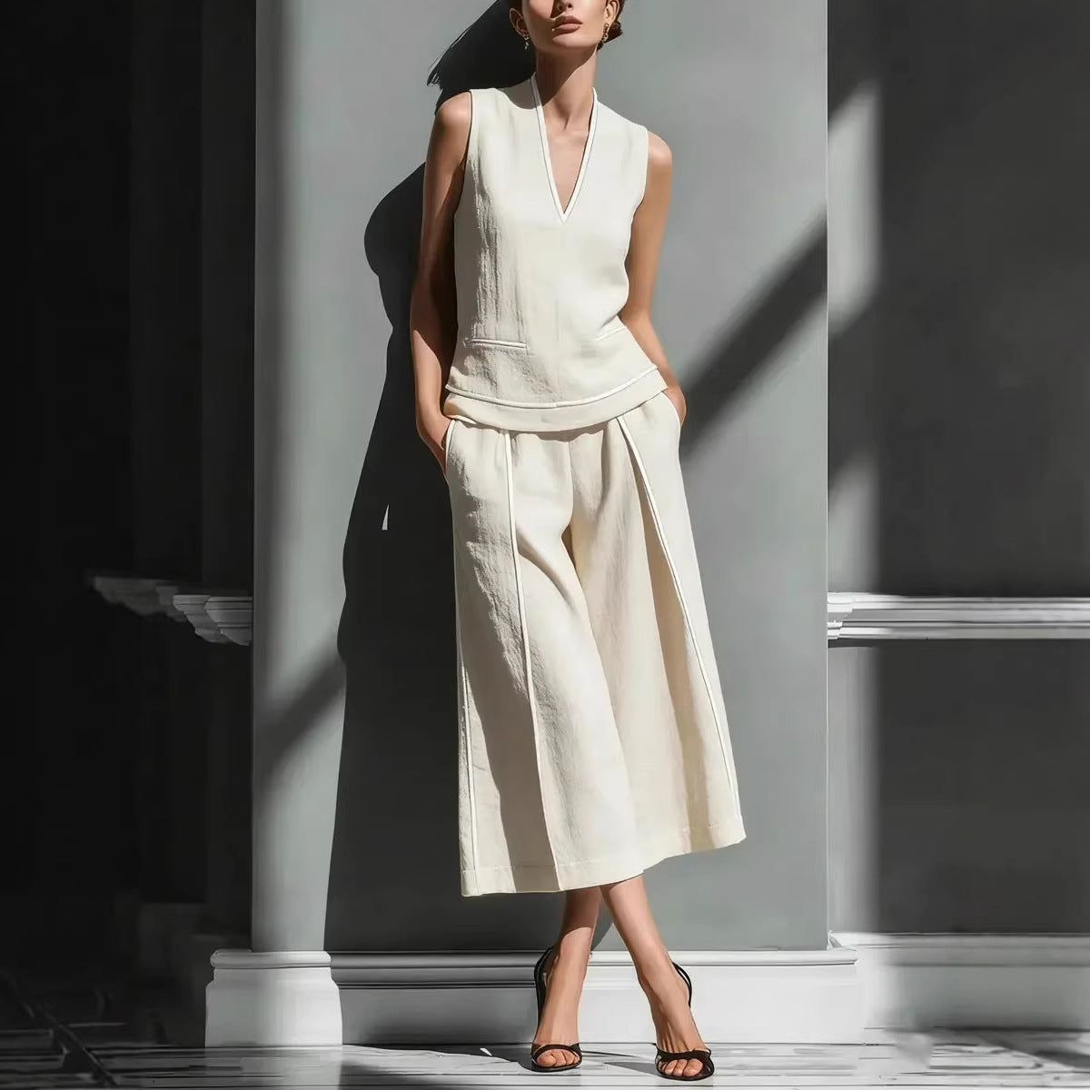 Woman wearing a white sleeveless top and high-waisted pants against a gray wall.