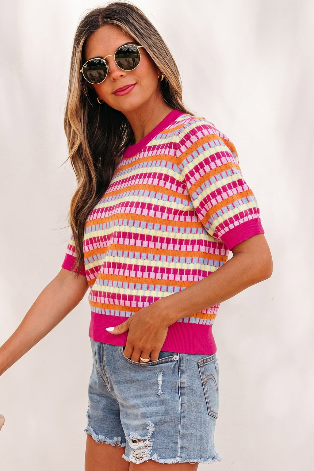 Rose Red Abstract Striped Knit Short Sleeve Sweater