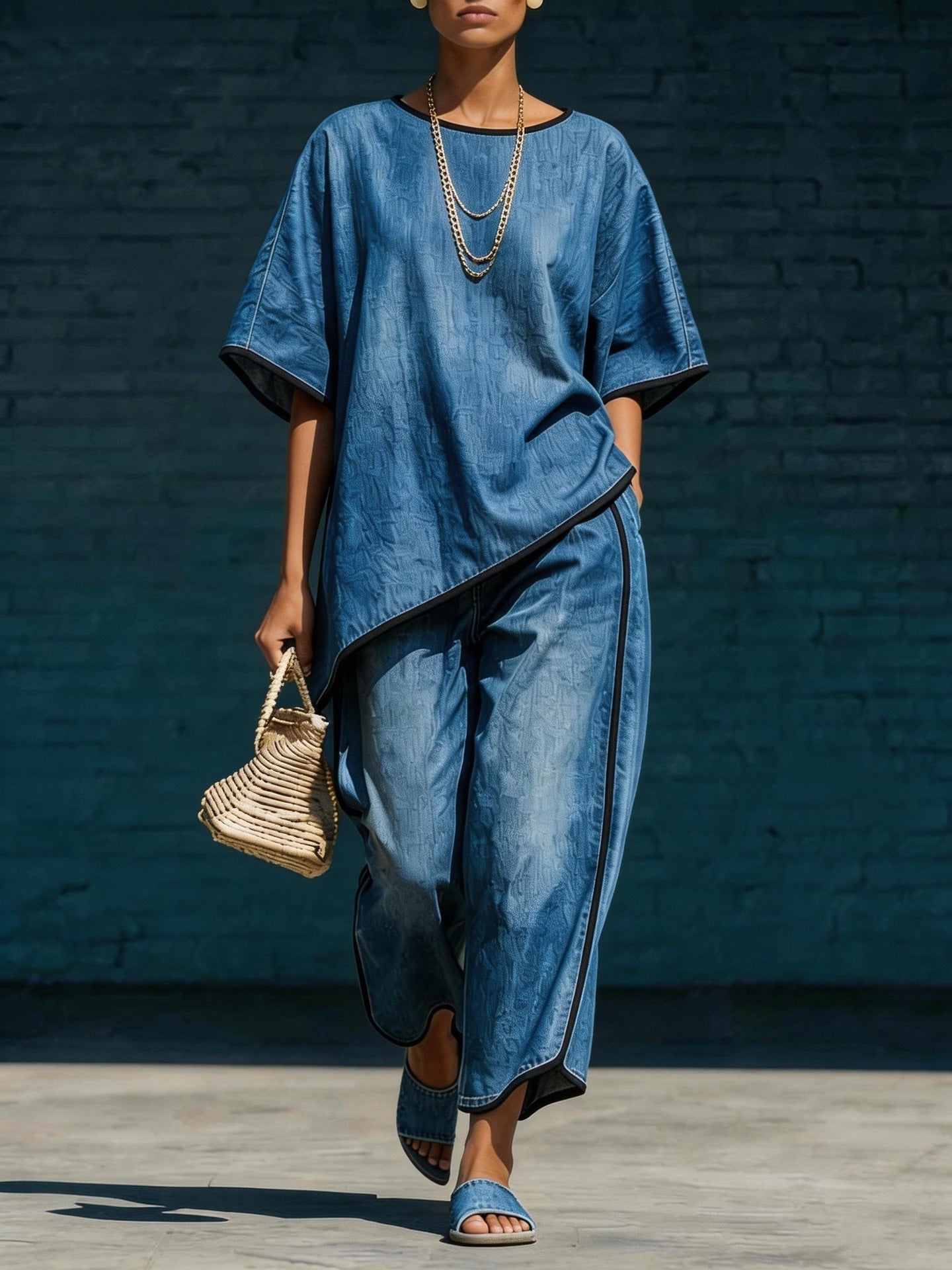 Damen Strick-Top und Hose mit weitem Bein im Denim-Stil – 2-teiliges Freizeit-Set
