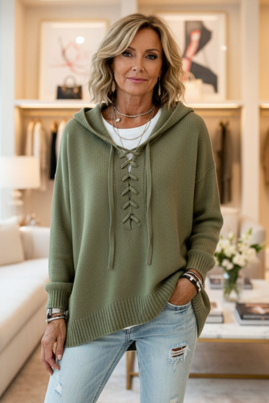 Lace-Up V-Neck Hooded Knit Sweater | Drop Shoulder Oversized Pullover in army green