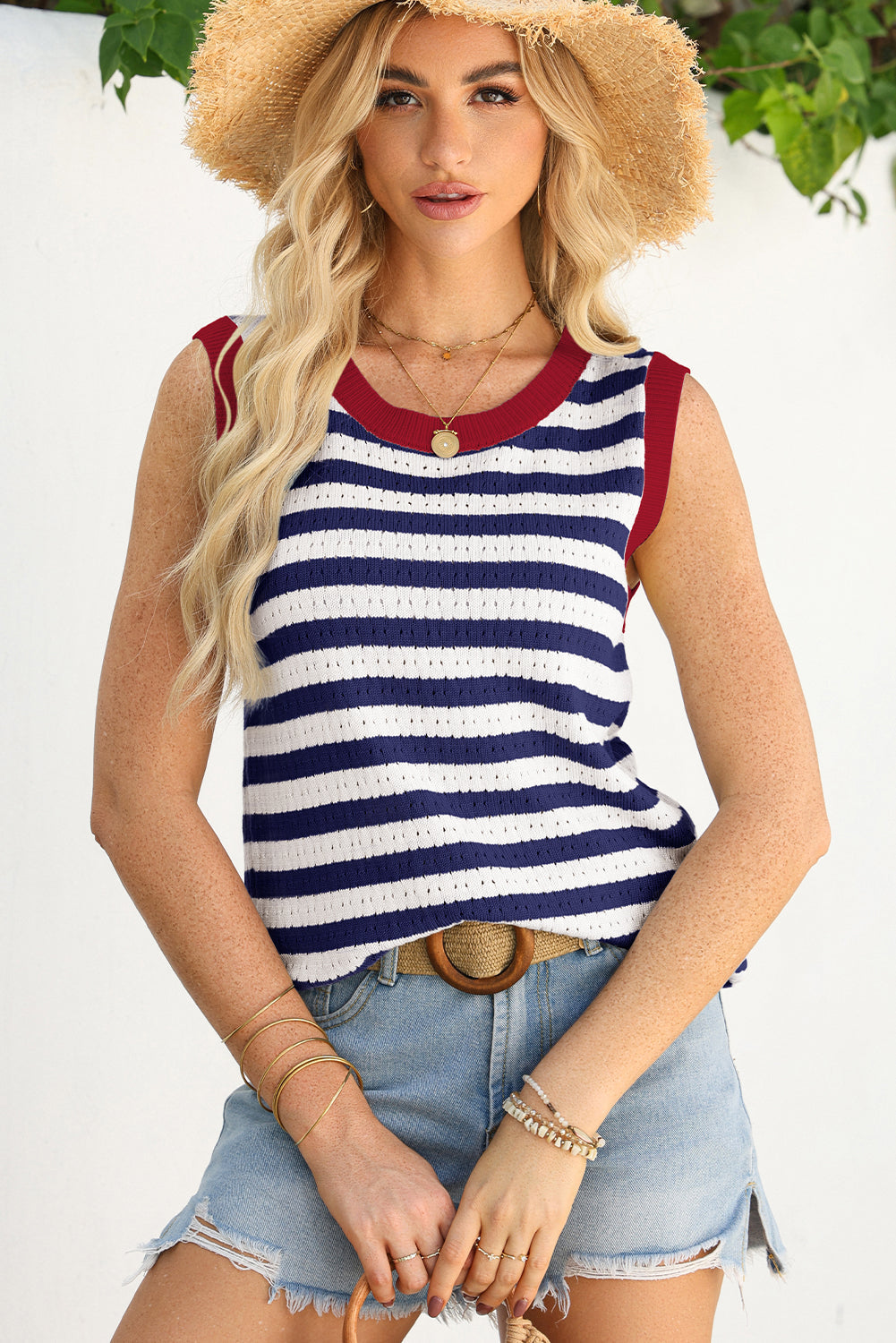 Navy Stripe Pointelle Knit Contrast Trim Sleeveless Sweater Top