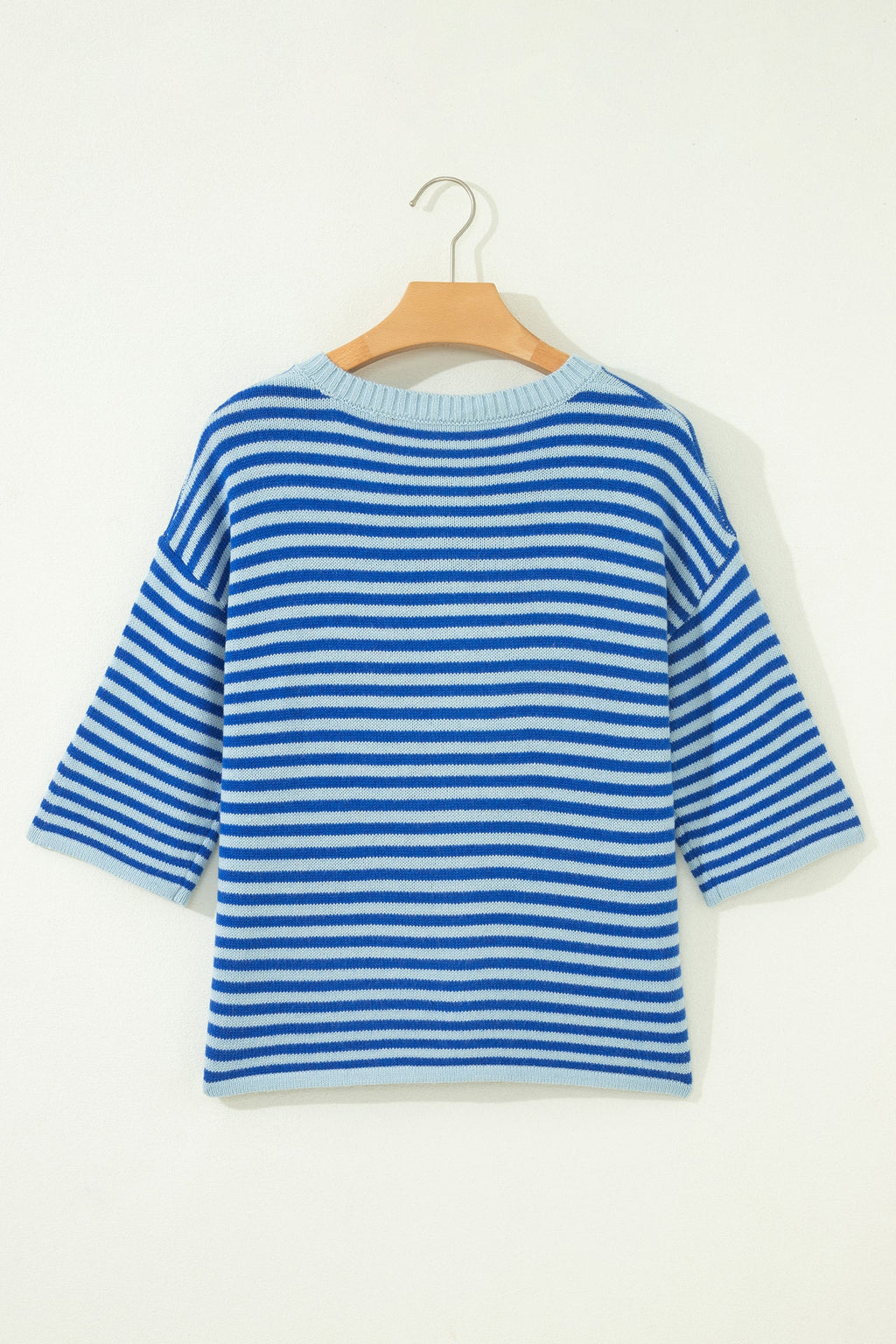 Blue Stripe Loose Half Sleeve Knit Button Down Sweater Cardigan