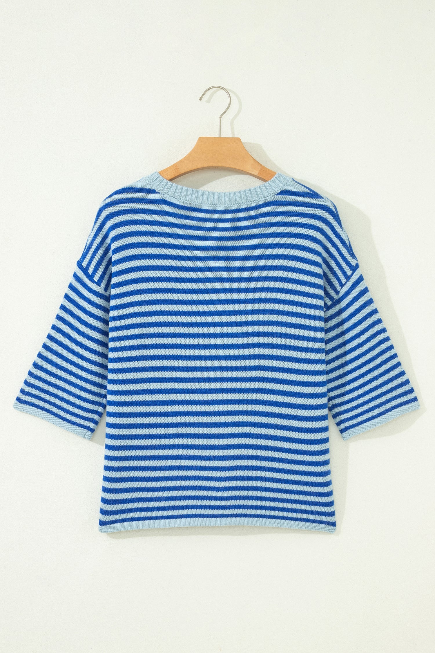 Blue Stripe Loose Half Sleeve Knit Button Down Sweater Cardigan