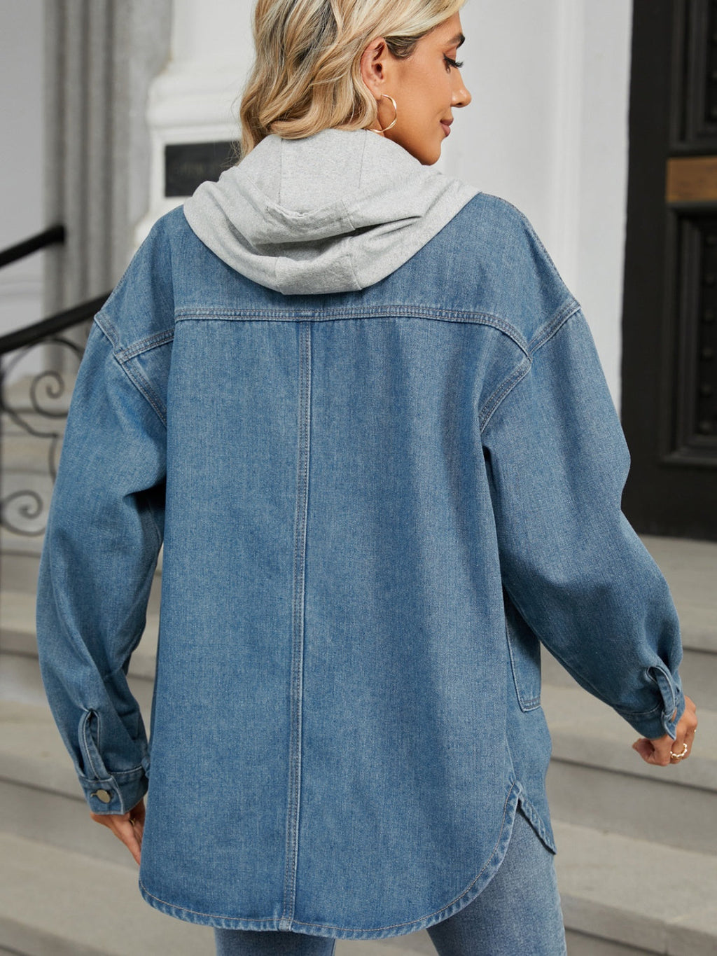 Women Removable Hood Button Up Long Sleeve Denim Jacket