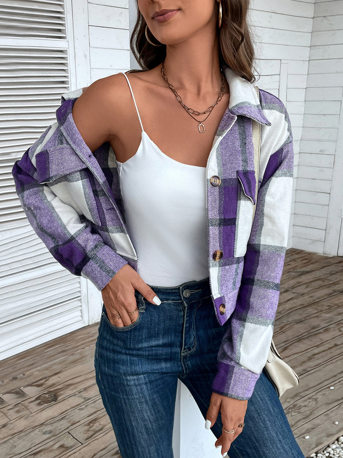 Women Perfee Plaid Button Up Drop Shoulder Cropped Jacket