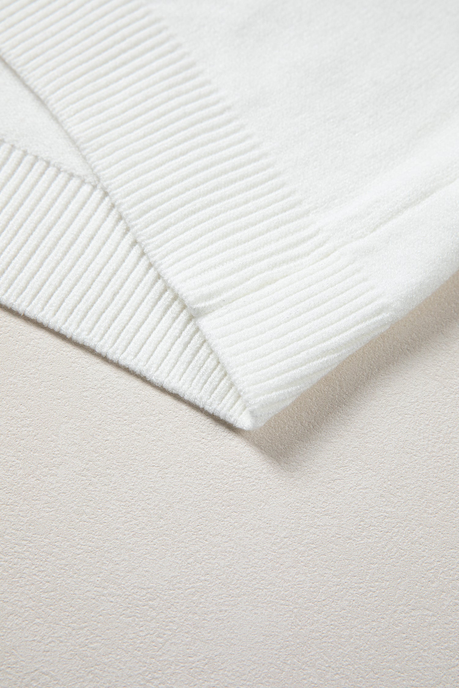 White Corded Horseshoes Ribbed Trim Mock Neck Short Sleeve Sweater