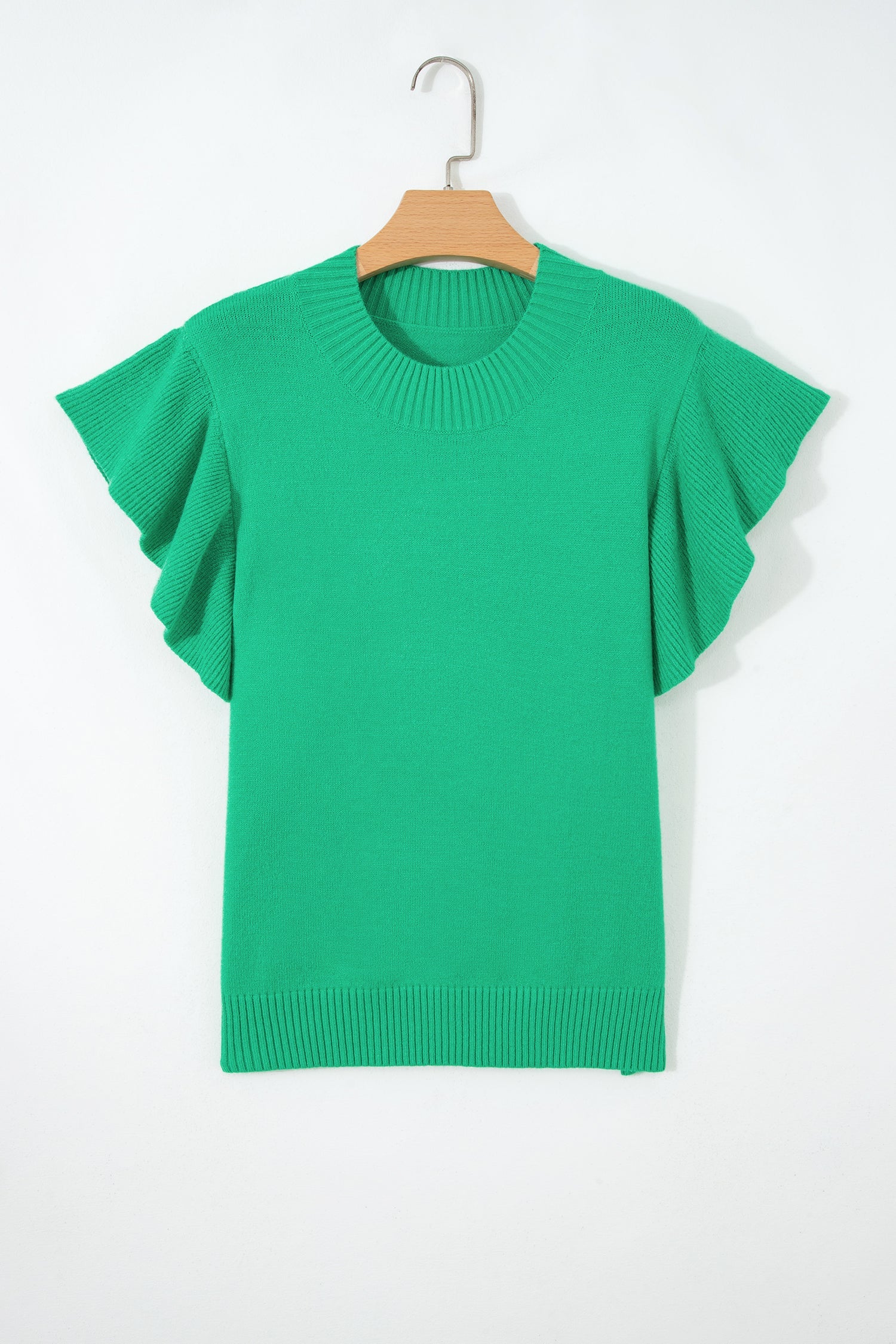 Bright Green Solid Color Ribbed Trim Round Neck Ruffle Short Sleeve Sweater