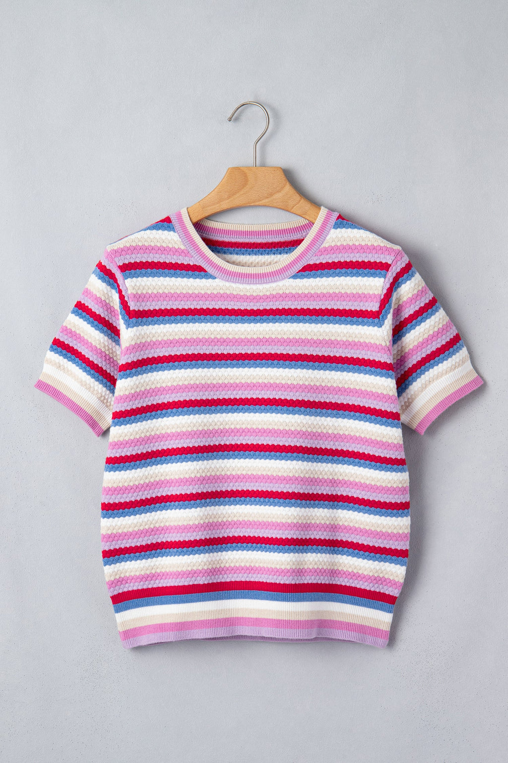 Multicolour Textured Stripes Knit Short Sleeve Sweater