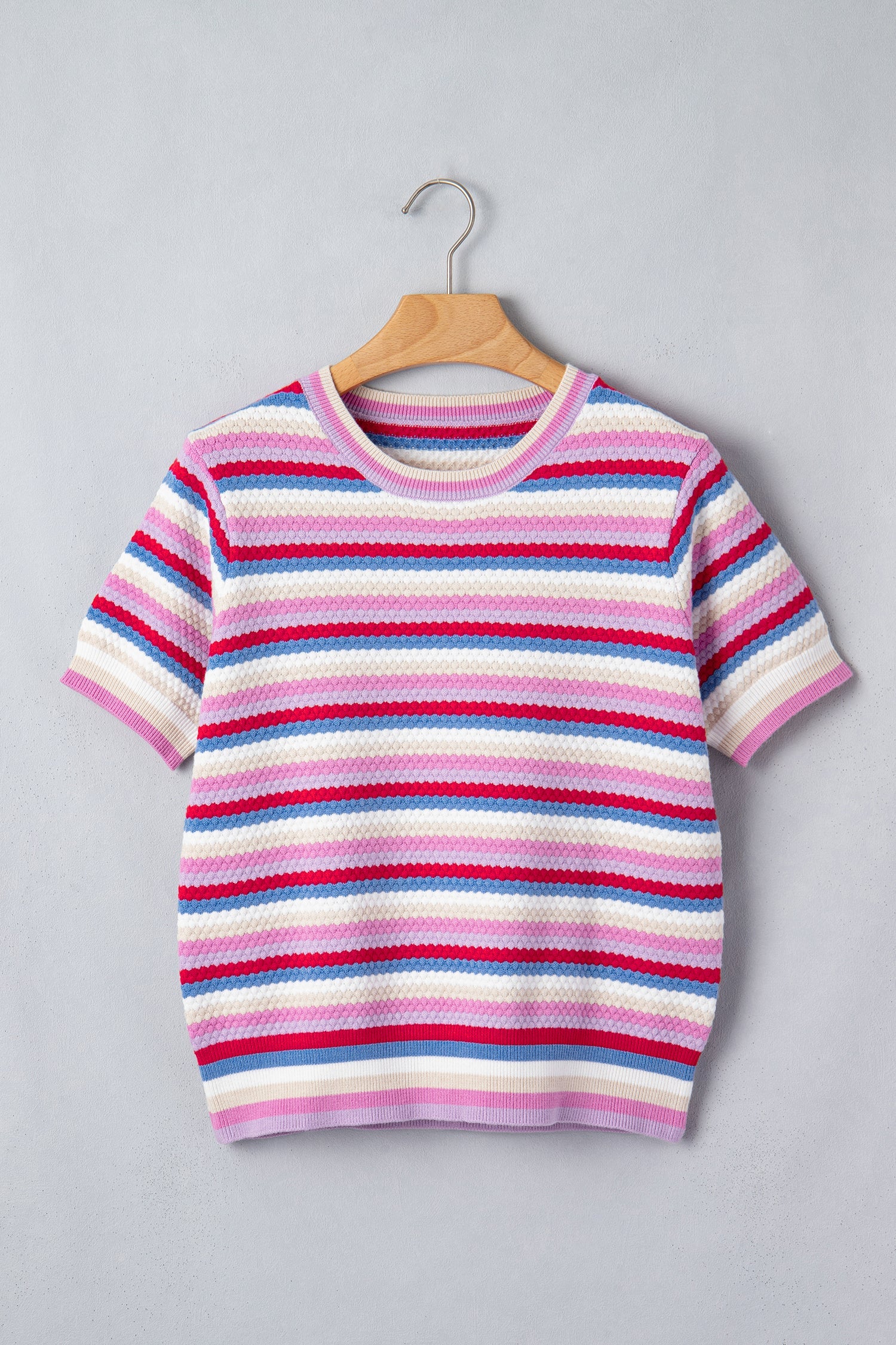 Multicolour Textured Stripes Knit Short Sleeve Sweater