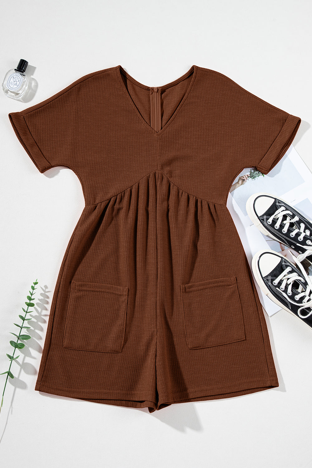 Solid Textured Knit V-Neck Zip Up Romper