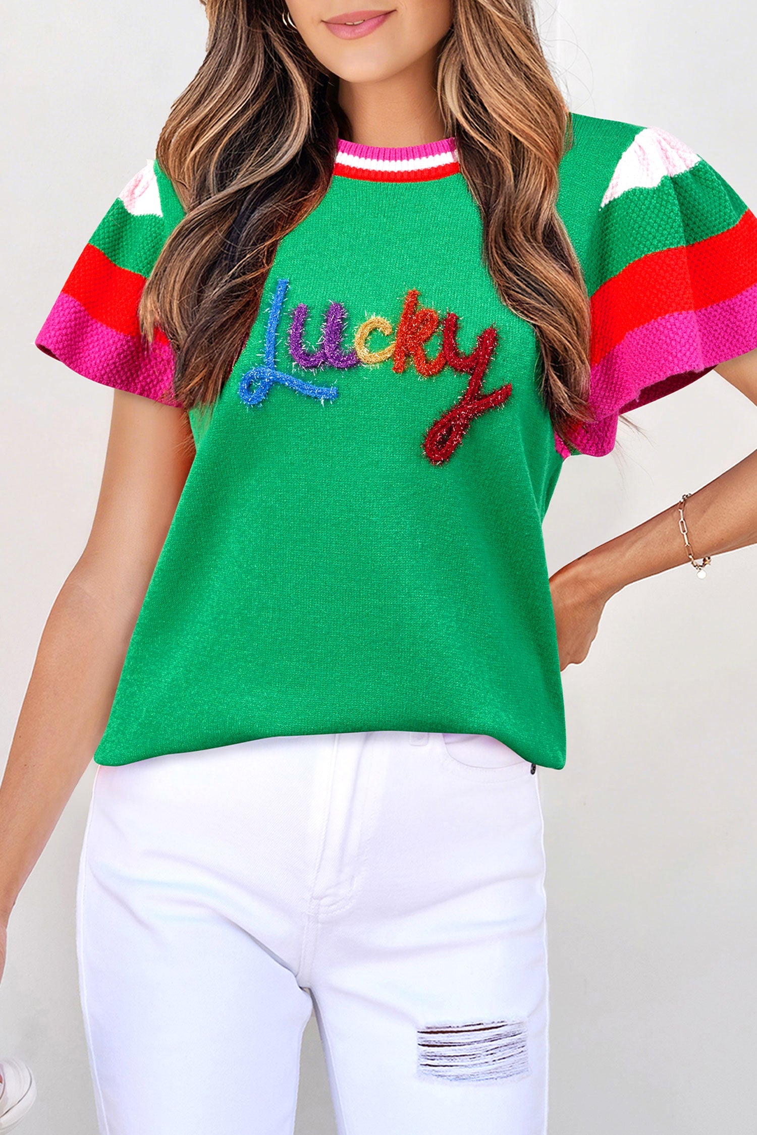 Bright Green Shiny Lucky Striped Flutter Sleeve Round Neck Sweater