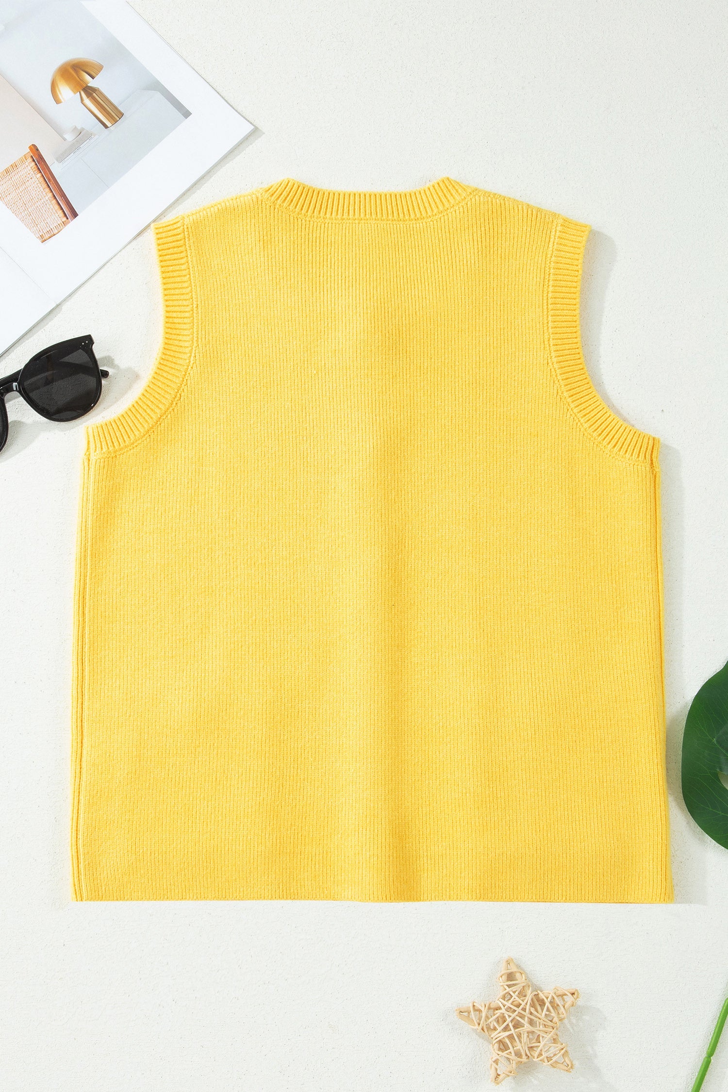 Yellow Cream Solid Color Sleeveless Knit Button Pocketed Sweater