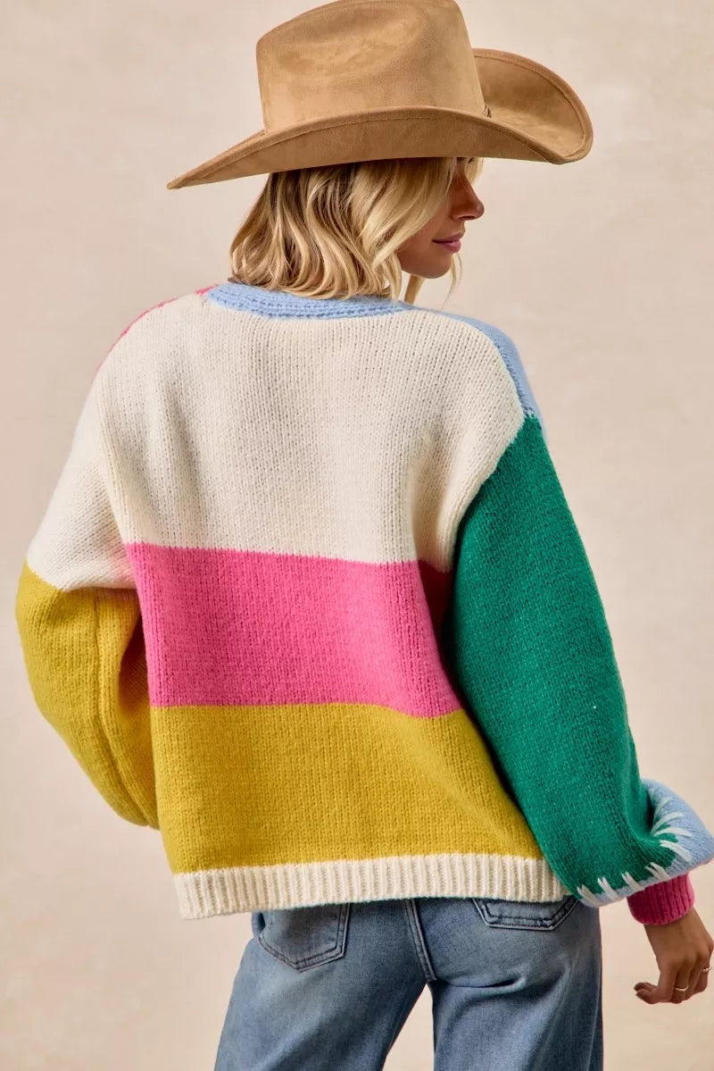 BiBi Color Block Open Front Sweater Cardigan