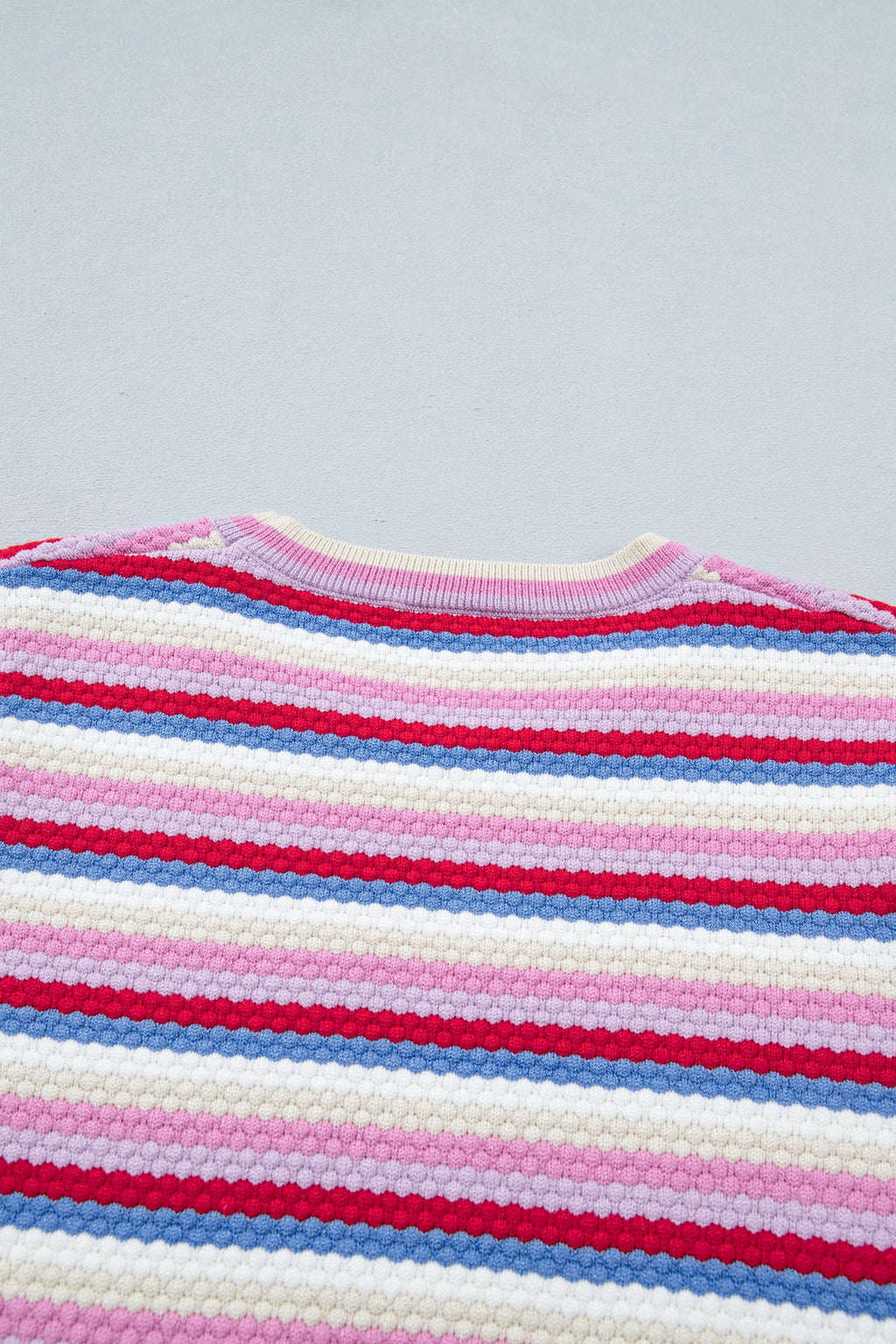 Multicolour Textured Stripes Knit Short Sleeve Sweater