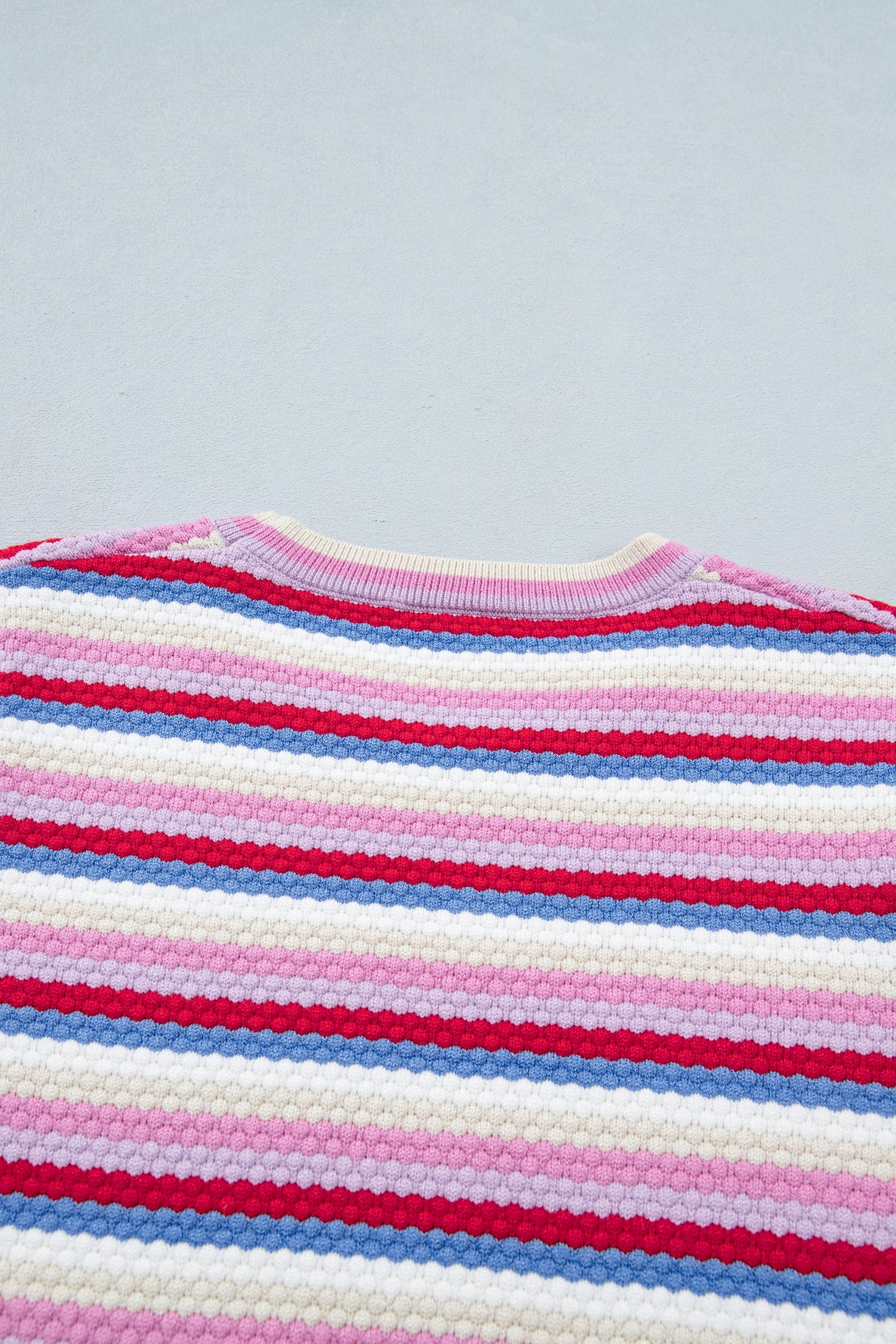 Multicolour Textured Stripes Knit Short Sleeve Sweater