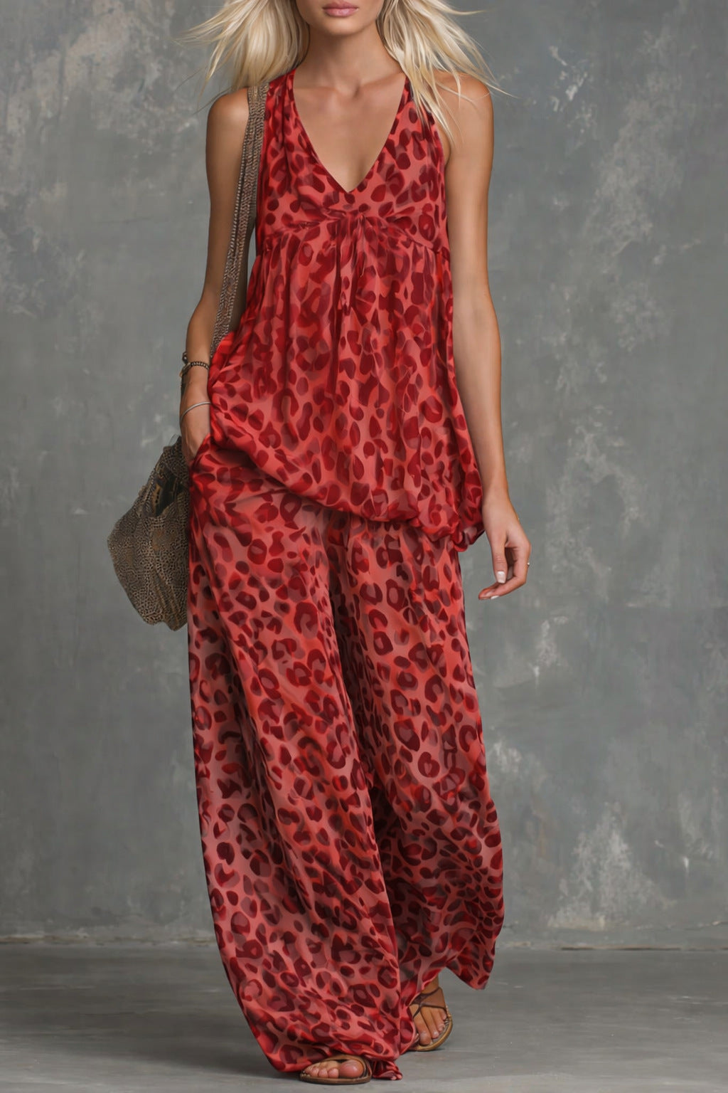 Damen-Set aus ärmellosem Oberteil mit Leopardenmuster und Chiffonhose