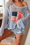 Beau Blue Hollow Out Crochet Knit American Flag Patched Sweater Hoodie