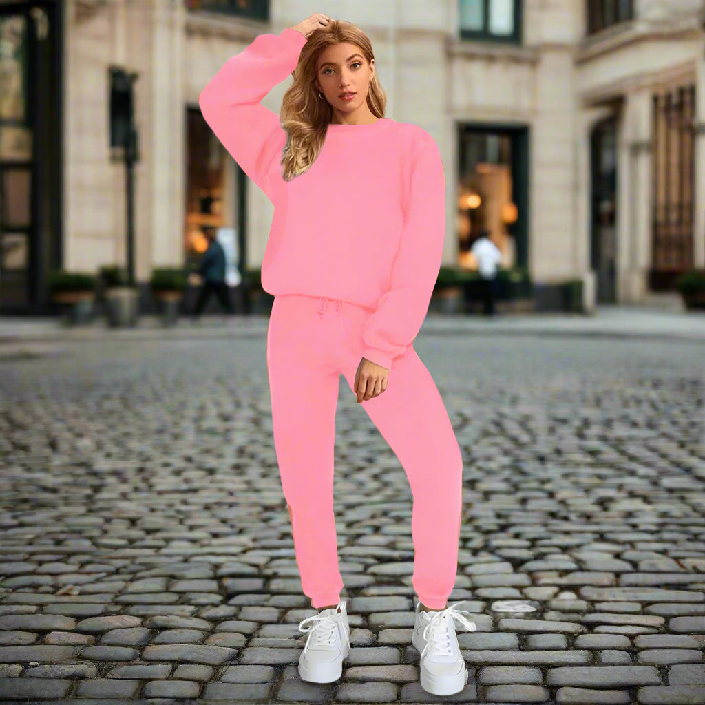 Damen Pullover & Freizeithose Set mit Rundhals und einfarbigem Design