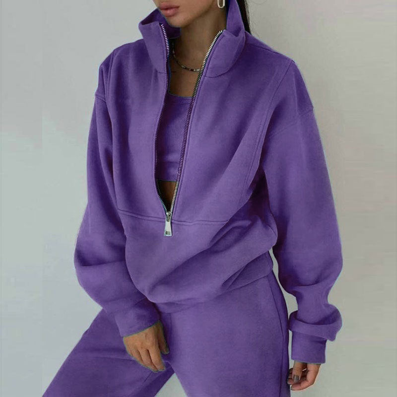 Damen zweiteiliges Set: Langarm-Sweatshirt mit Reißverschlusskragen und schmal geschnittene Hose