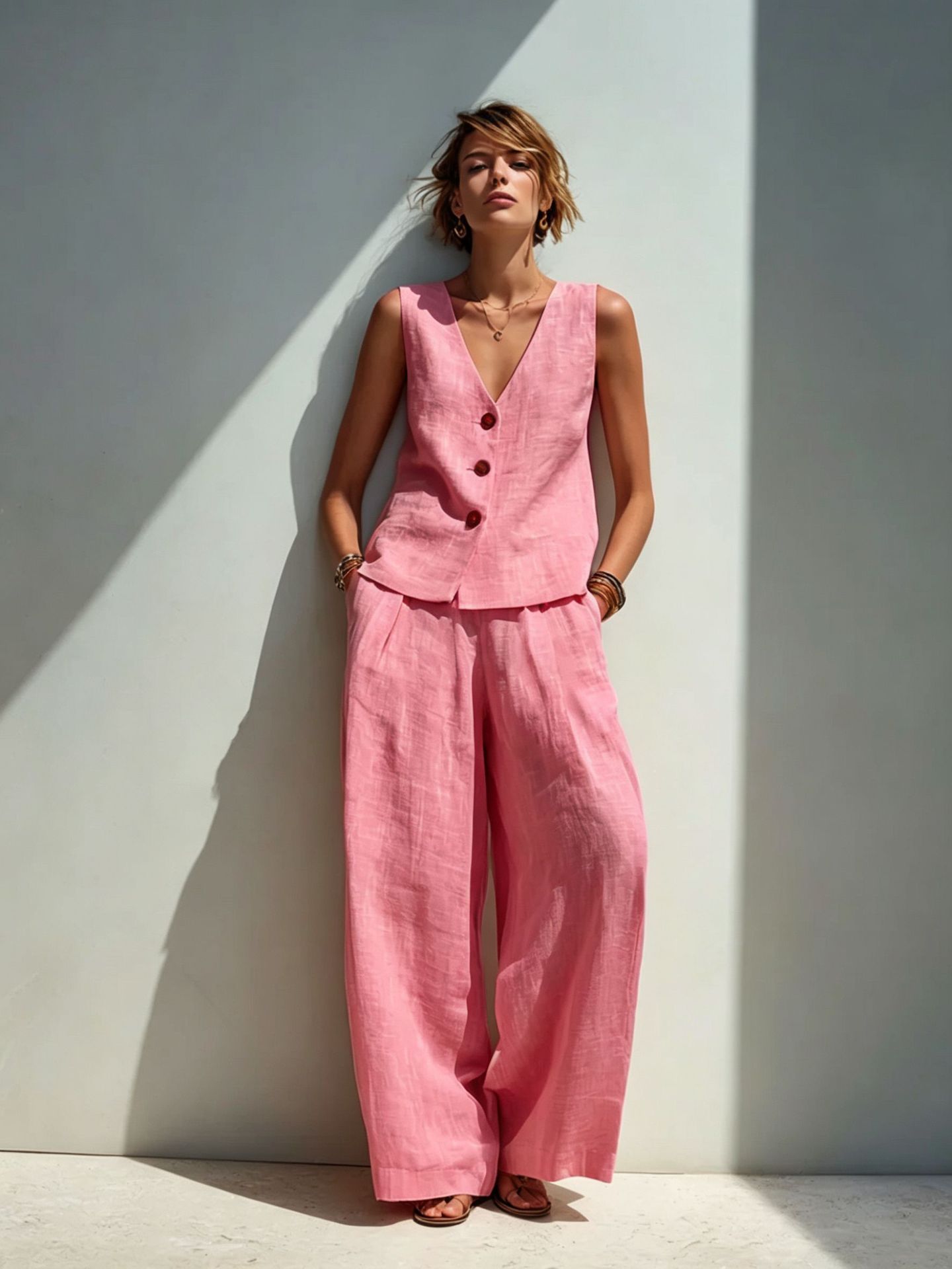 Leinenmischgewebe V-Ausschnitt Westen-Set mit Knöpfen & High-Waist Weite Hose – 5 Farben S–3XL