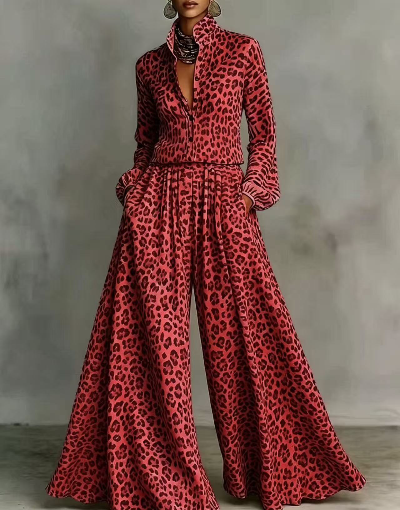 Leopardenmuster Hose mit weitem Bein Set – Freizeit-Zweiteiler für Damen