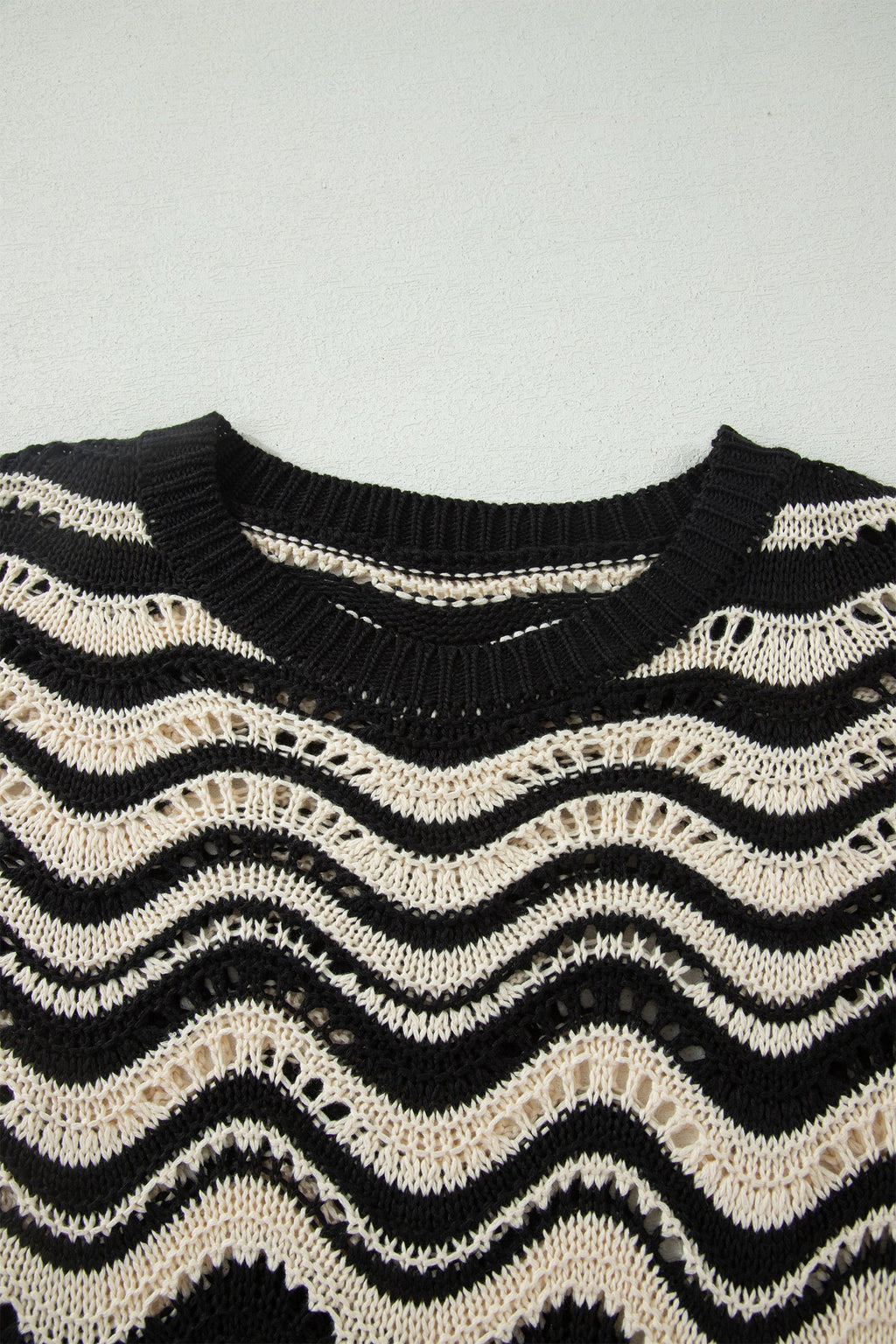 Black Stripe Wavy Crochet Eyelet Detail Ruffle Half Sleeve Sweater