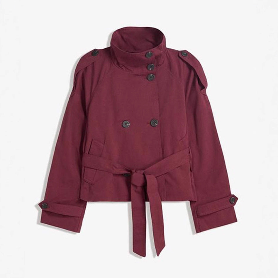 Womens Buttoned Waist-Cinching Lace-Up Trench Coat