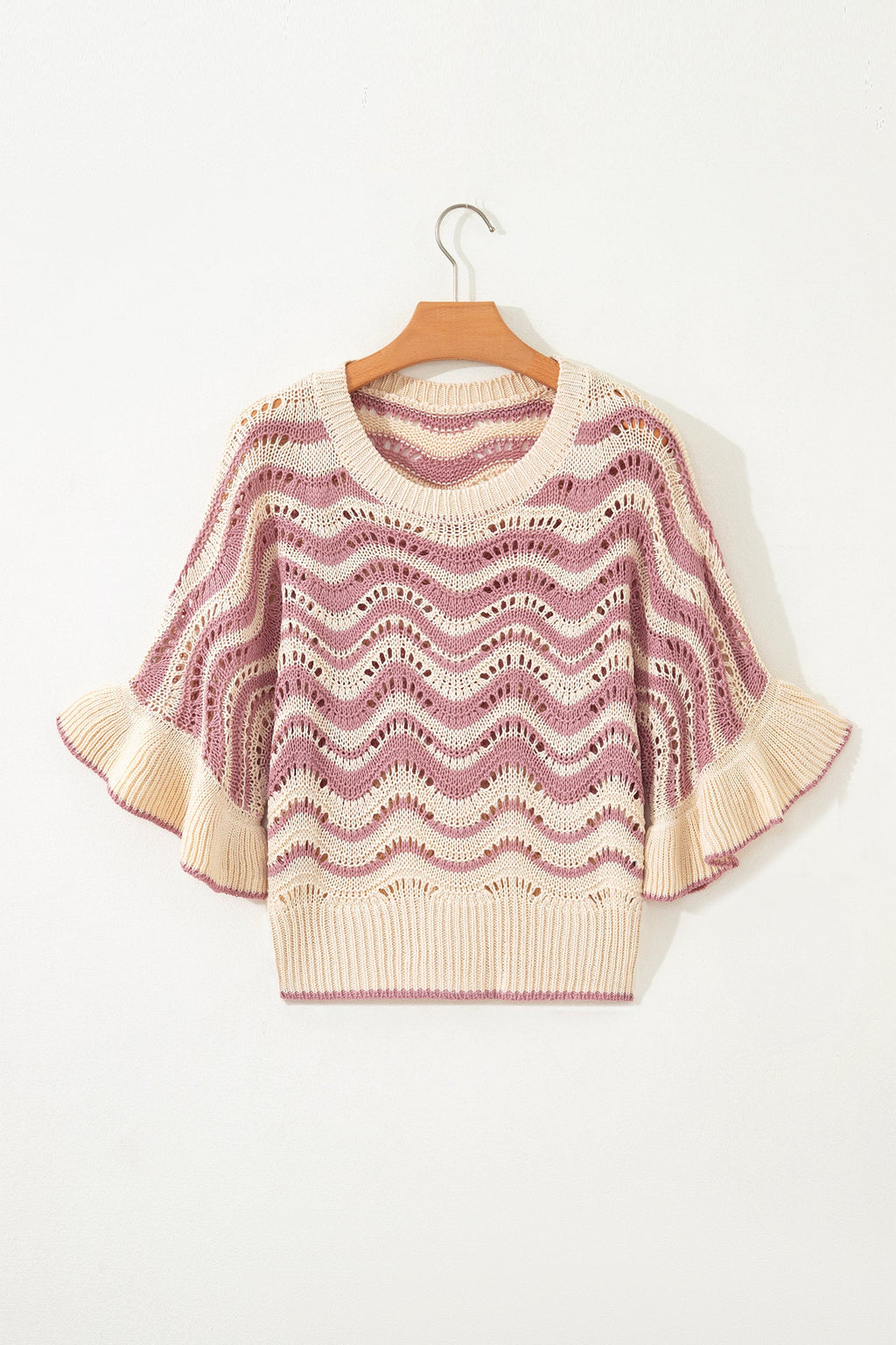 Beige Stripe Wavy Crochet Eyelet Detail Ruffle Half Sleeve Sweater