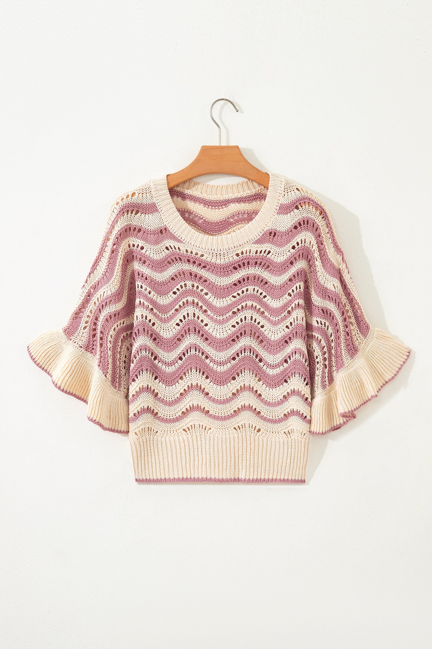 Beige Stripe Wavy Crochet Eyelet Detail Ruffle Half Sleeve Sweater