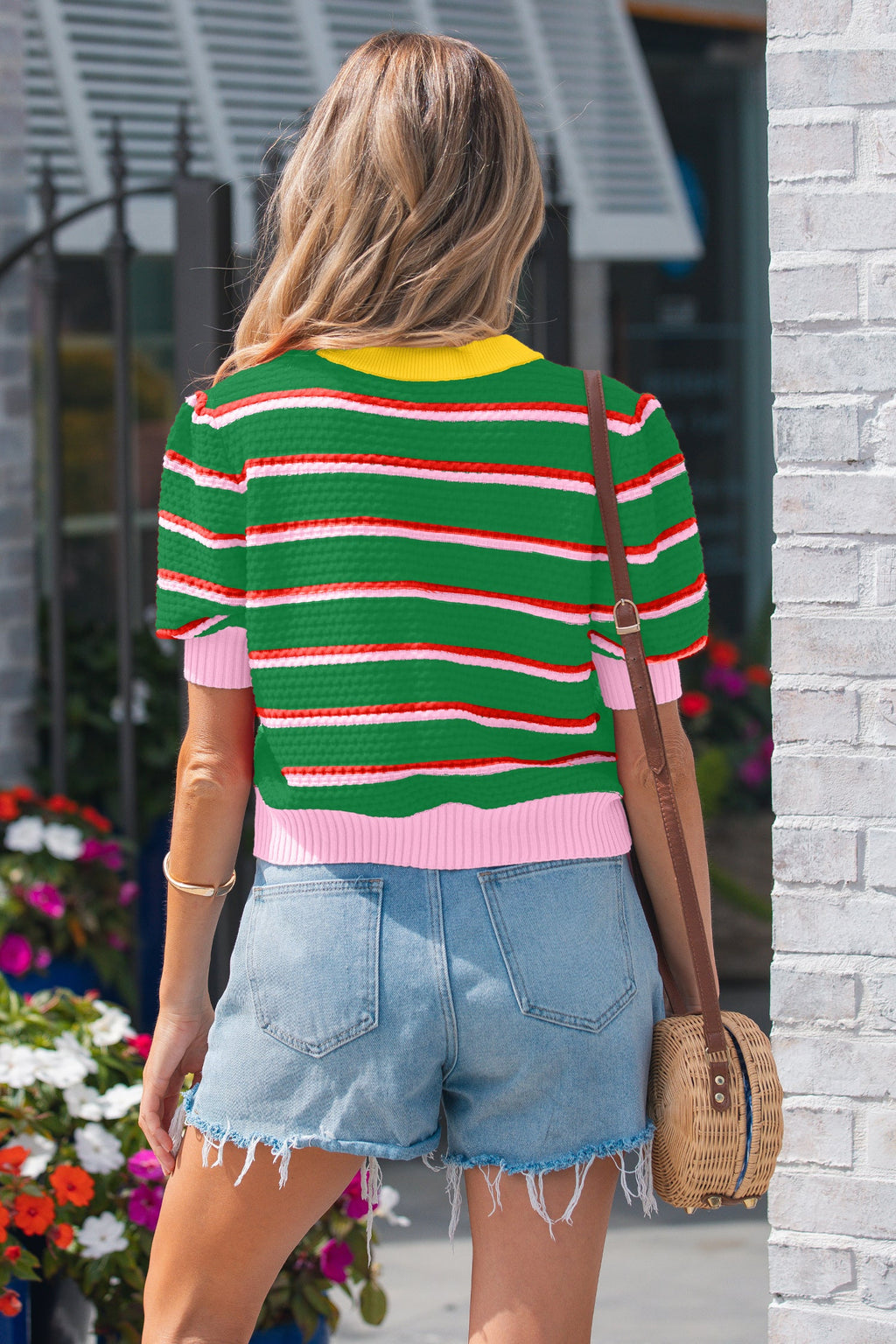 Green Stripe Colorblock Trim Half Sleeve Sweater Top