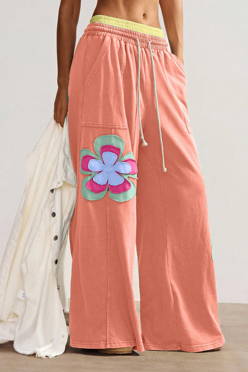 Grapefruit Orange Color Block Flower Patchwork Drawstring Contrasted Elastic Waist Wide Leg Pants