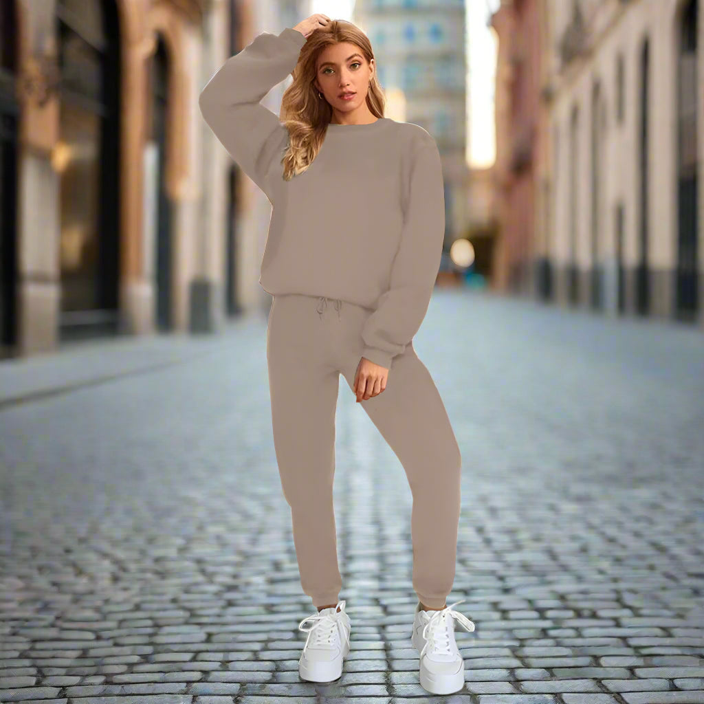 Damen Pullover & Freizeithose Set mit Rundhals und einfarbigem Design