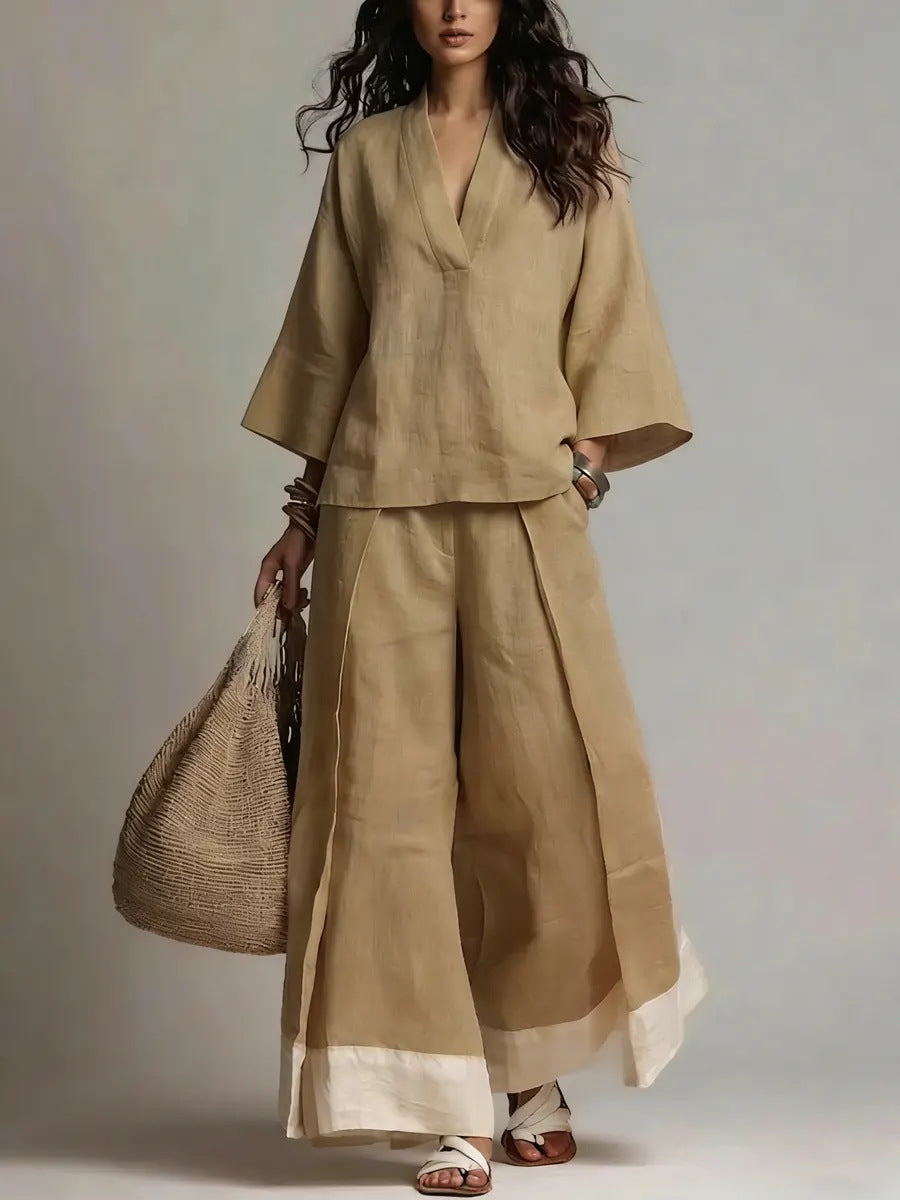 Damen-Set aus Baumwoll-Leinen-Shirt mit V-Ausschnitt und 3/4-Ärmeln und Hose mit weitem Bein
