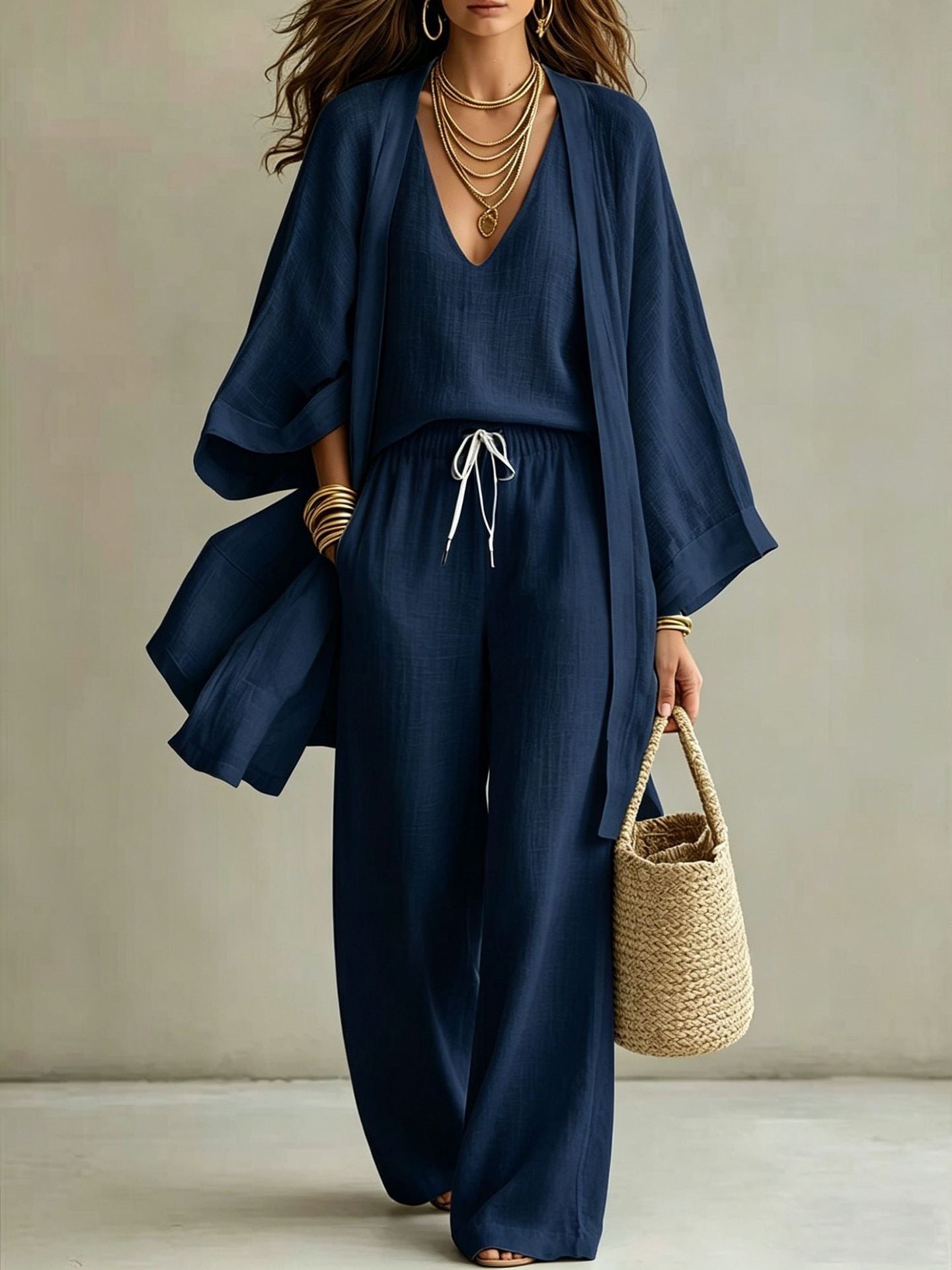 Damen 3-teiliges Set: Cardigan, ärmellose Weste & weite Hose