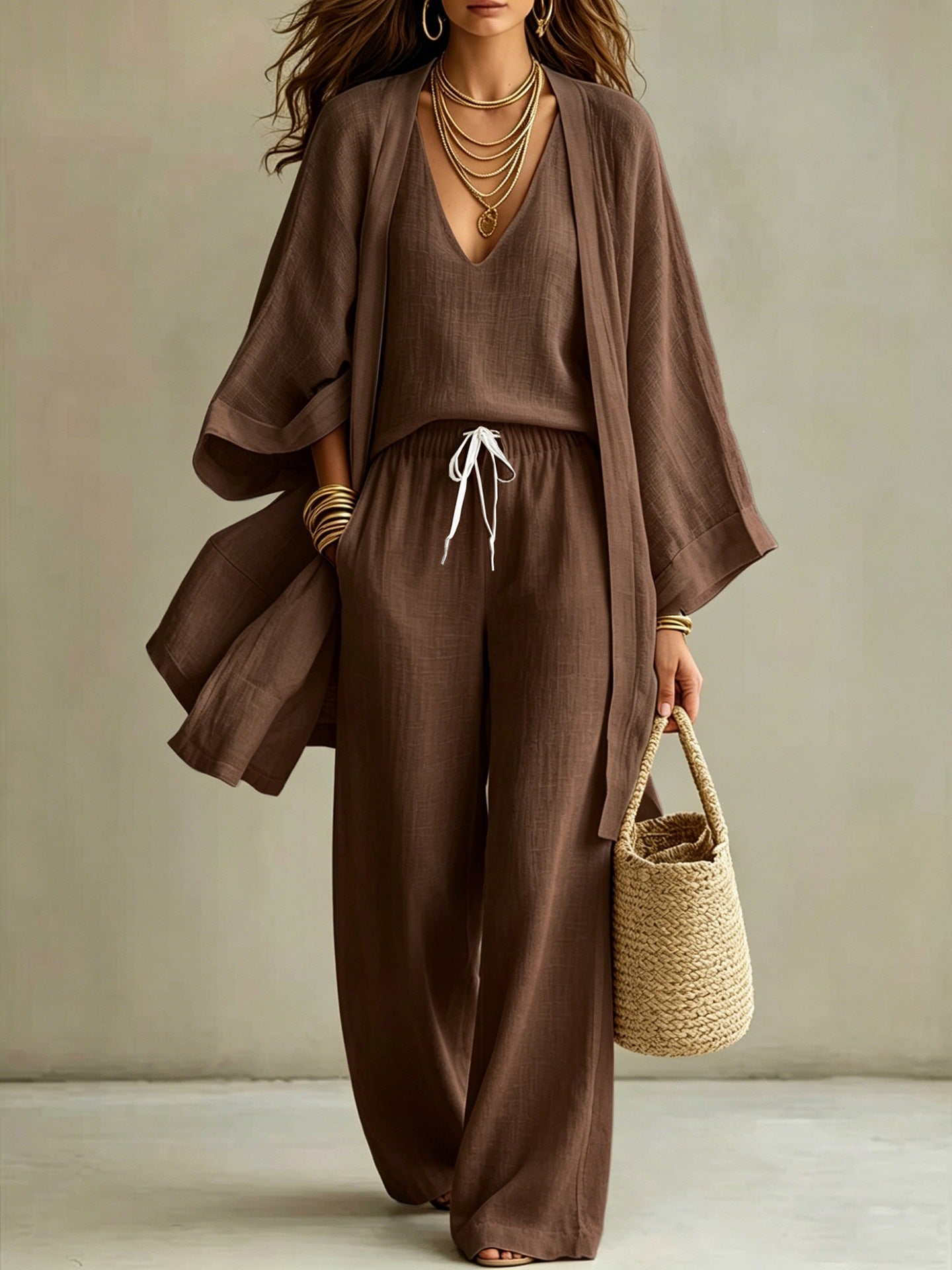 Damen 3-teiliges Set: Cardigan, ärmellose Weste & weite Hose