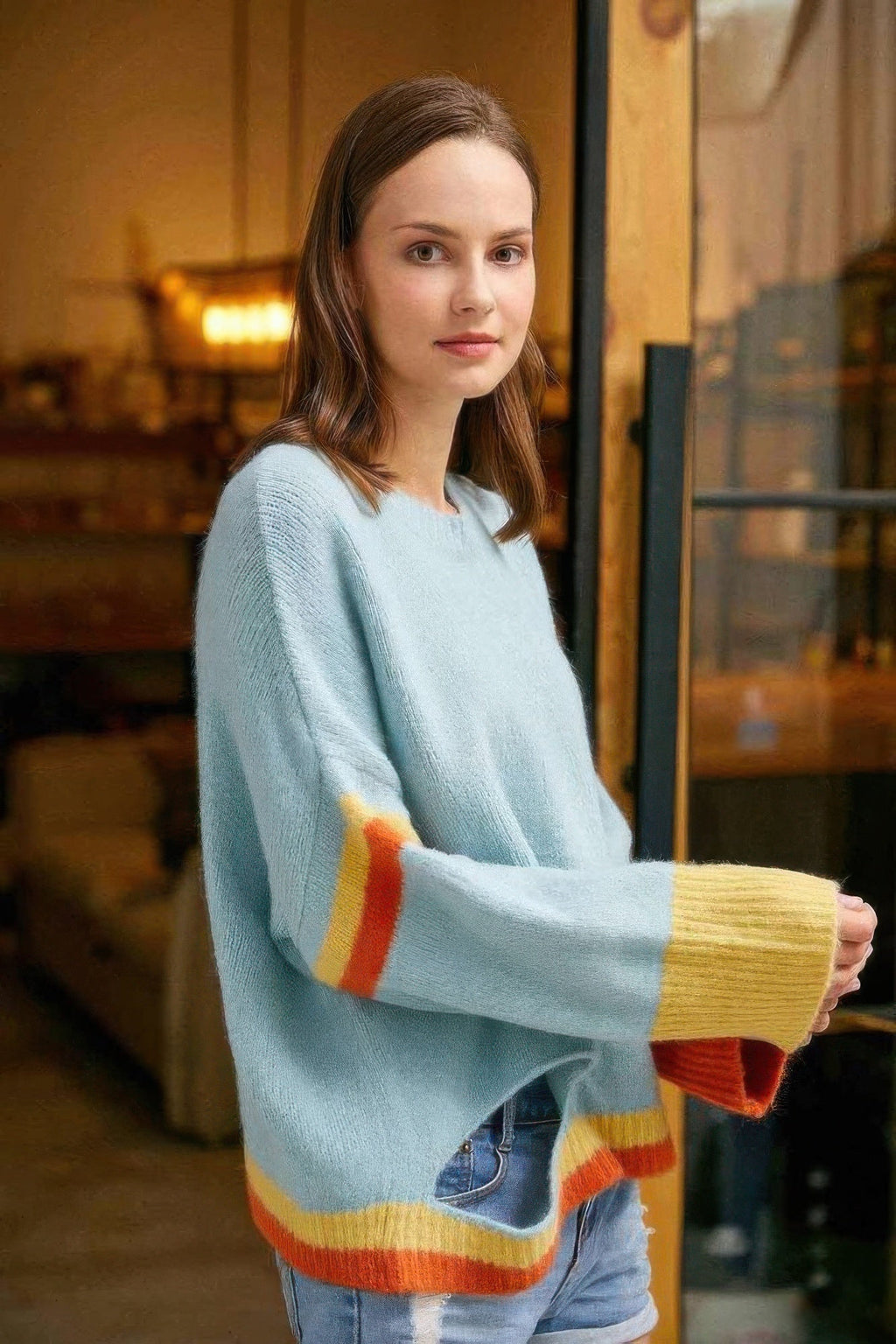 Color Block Sweater With Cut Out