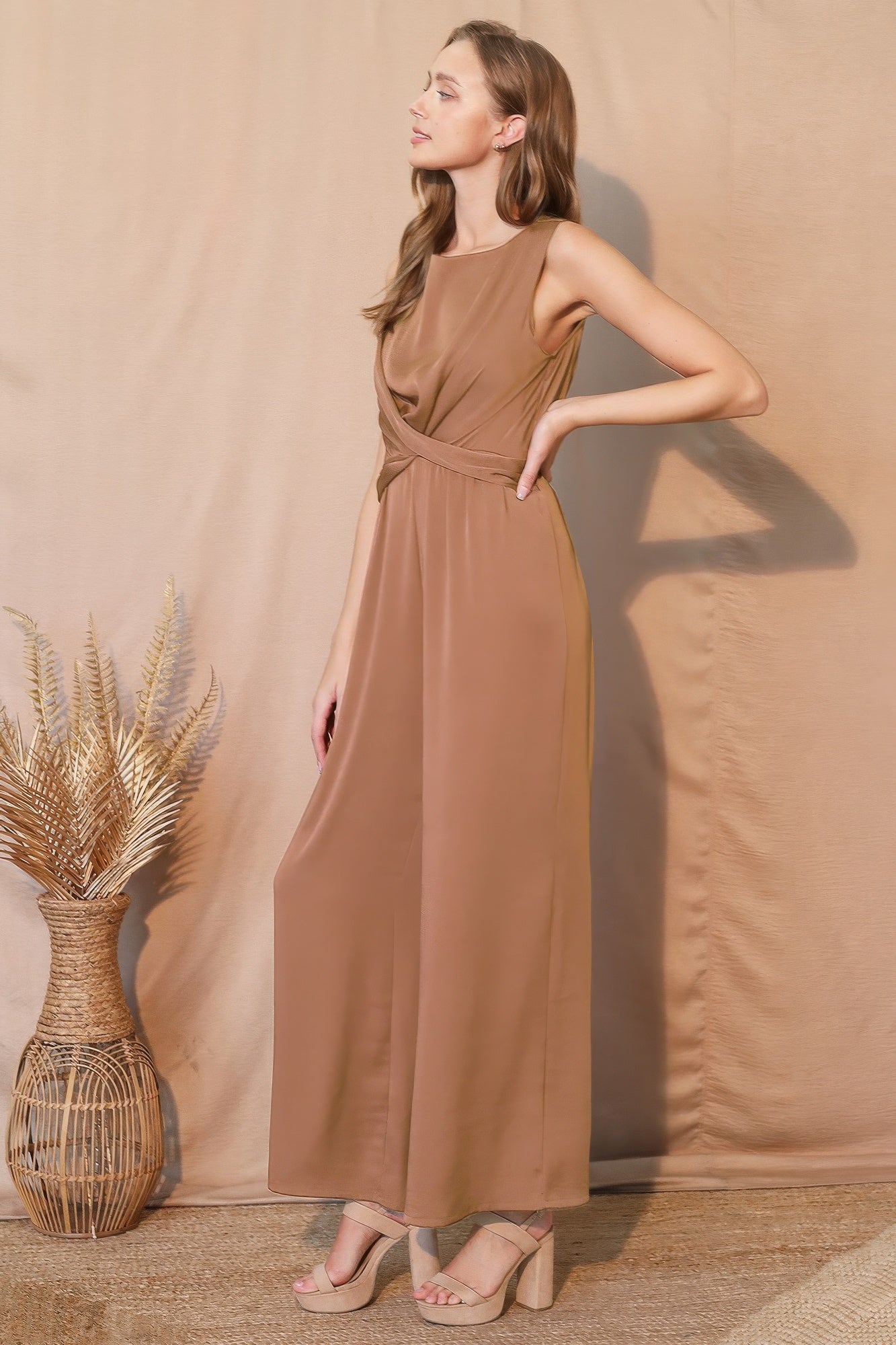 Washed Poly Silk Twist Front Jumpsuit