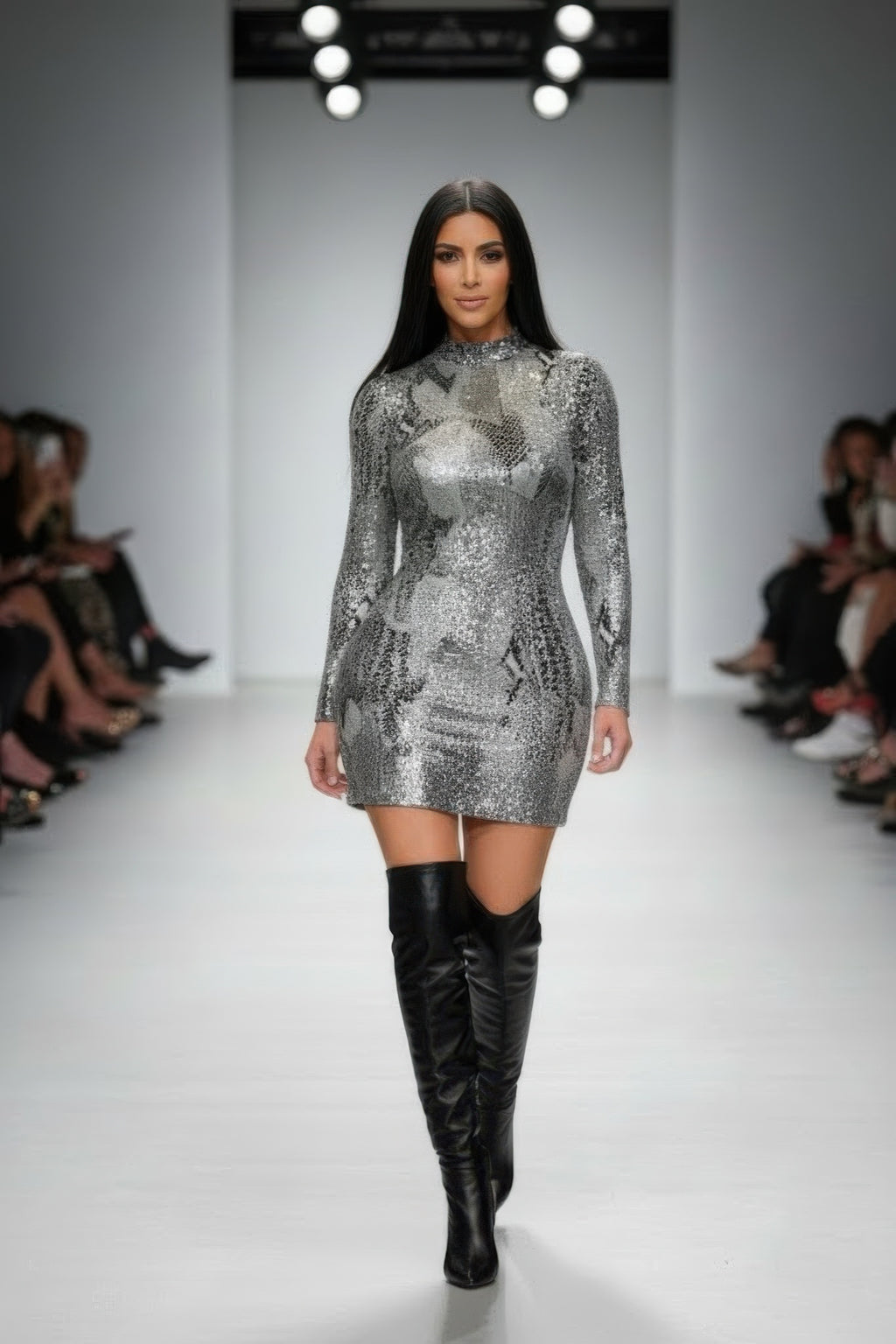 Model walking on a runway wearing a silver sequin dress and black knee-high boots