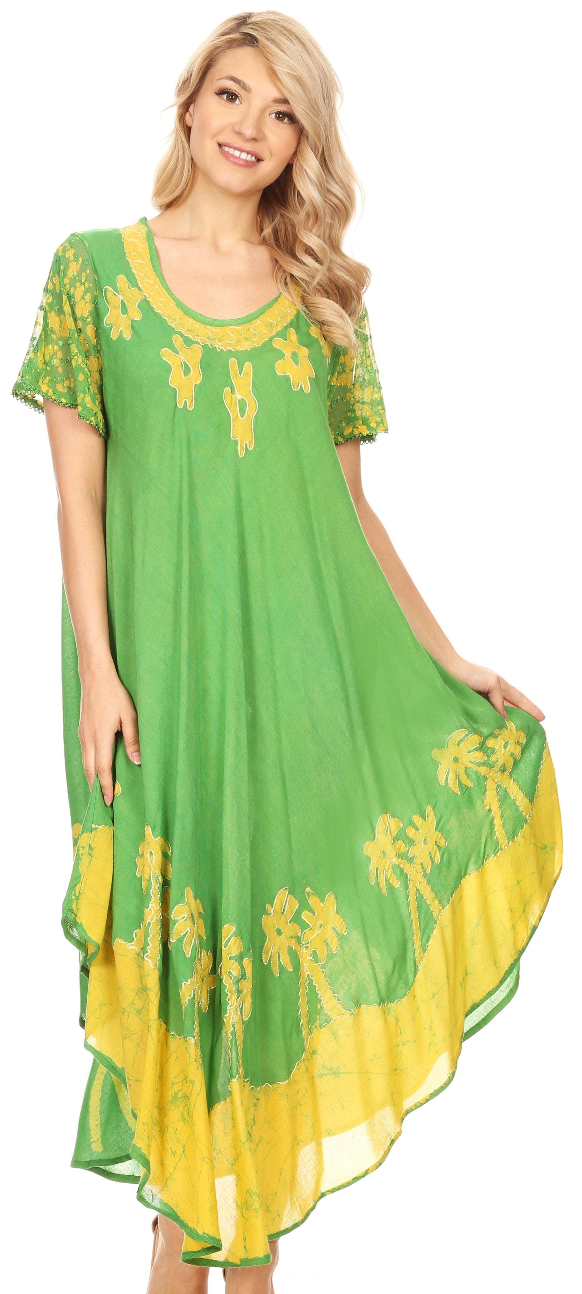 Sakkas Batik Palm Tree Cap Sleeve Caftan Dress / Cover Up
