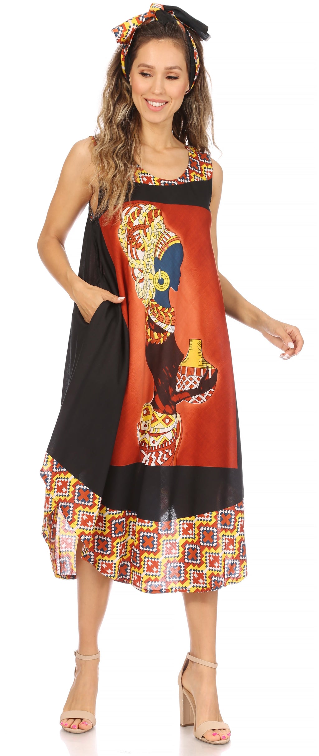 Sakkas Urbi Women's Casual African Print Beach Sleeveless Cover-up Caftan Dress - Buy One Get One