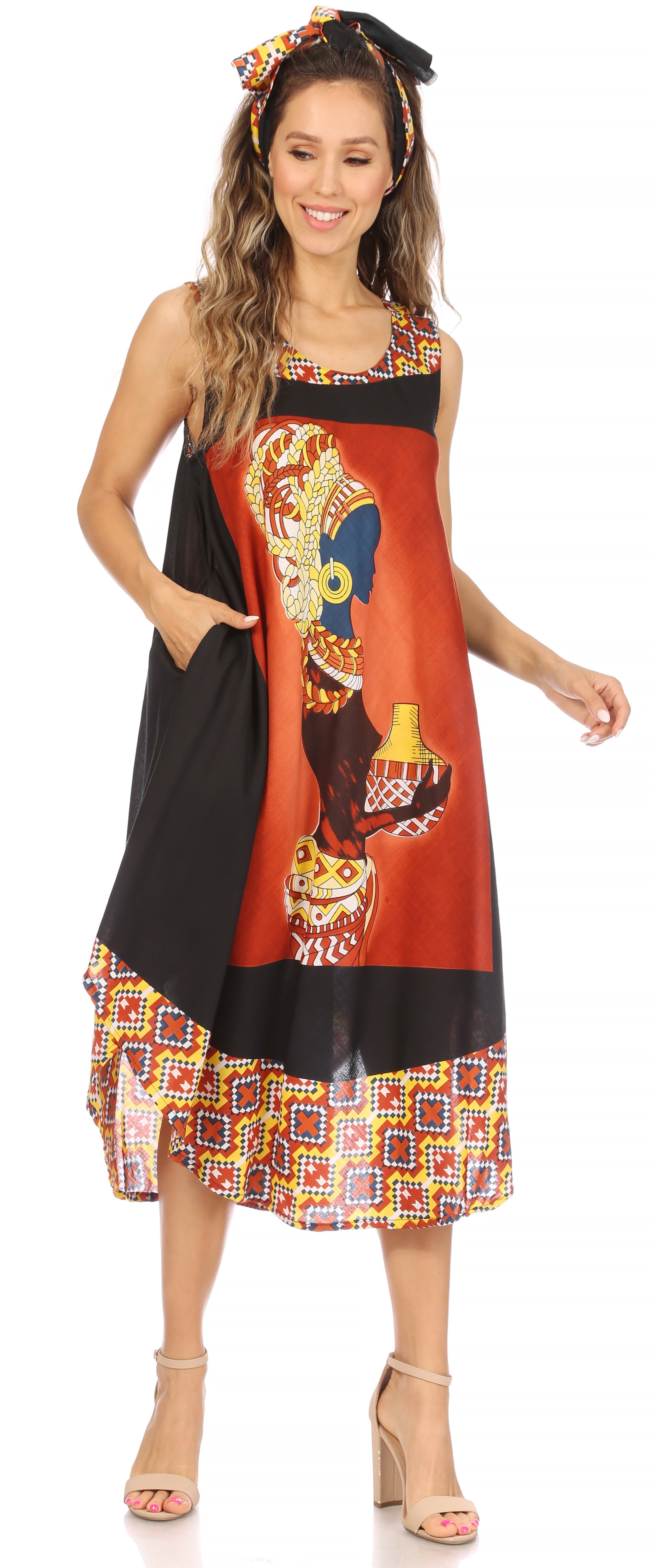 Sakkas Urbi Women's Casual African Print Beach Sleeveless Cover-up Caftan Dress - Buy One Get One