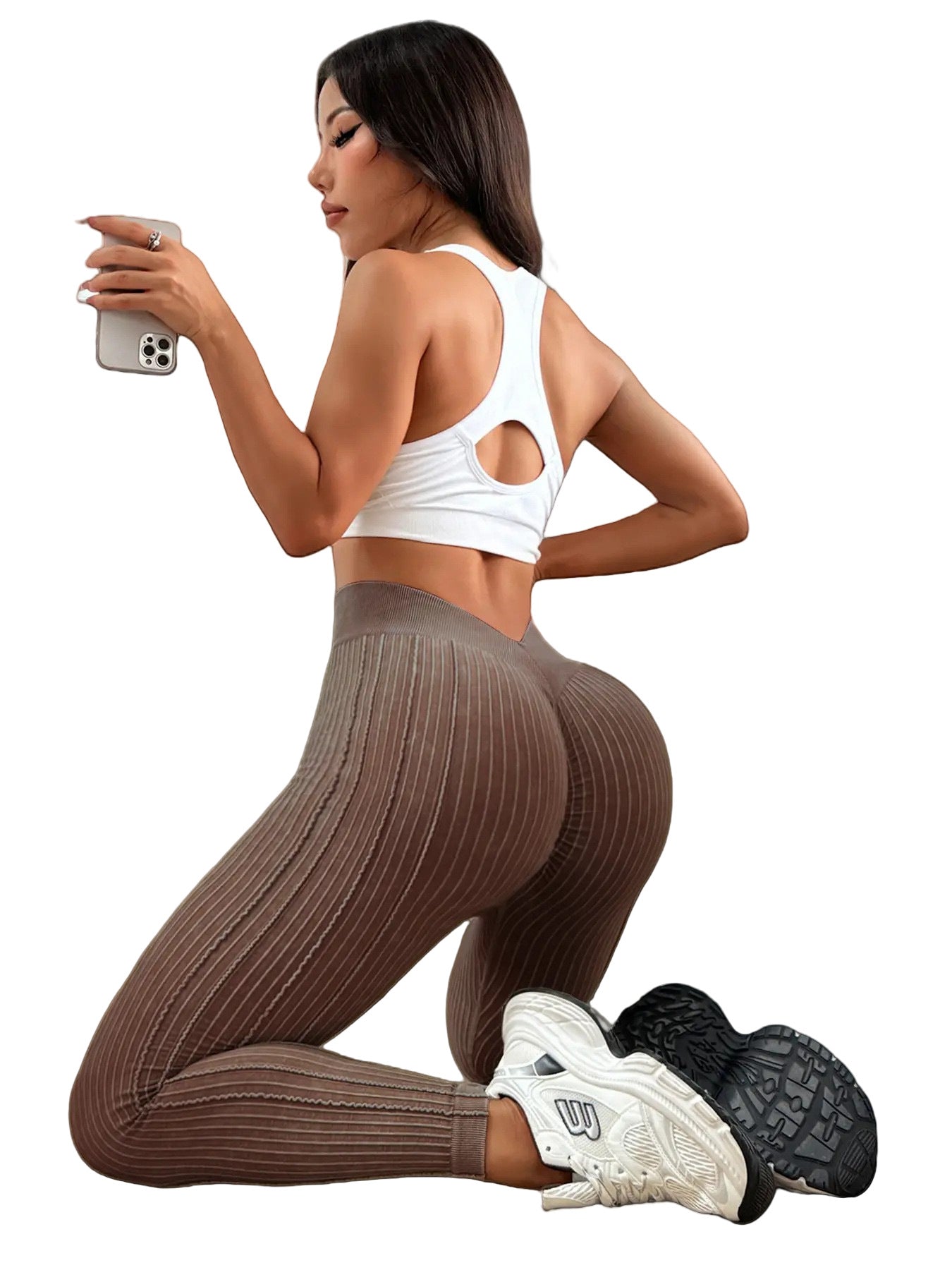 Gerippte High-Waist Yoga-Hose mit V-förmigem Rückenausschnitt – Butt-Lifting-Tights im Sand-Wash-Look