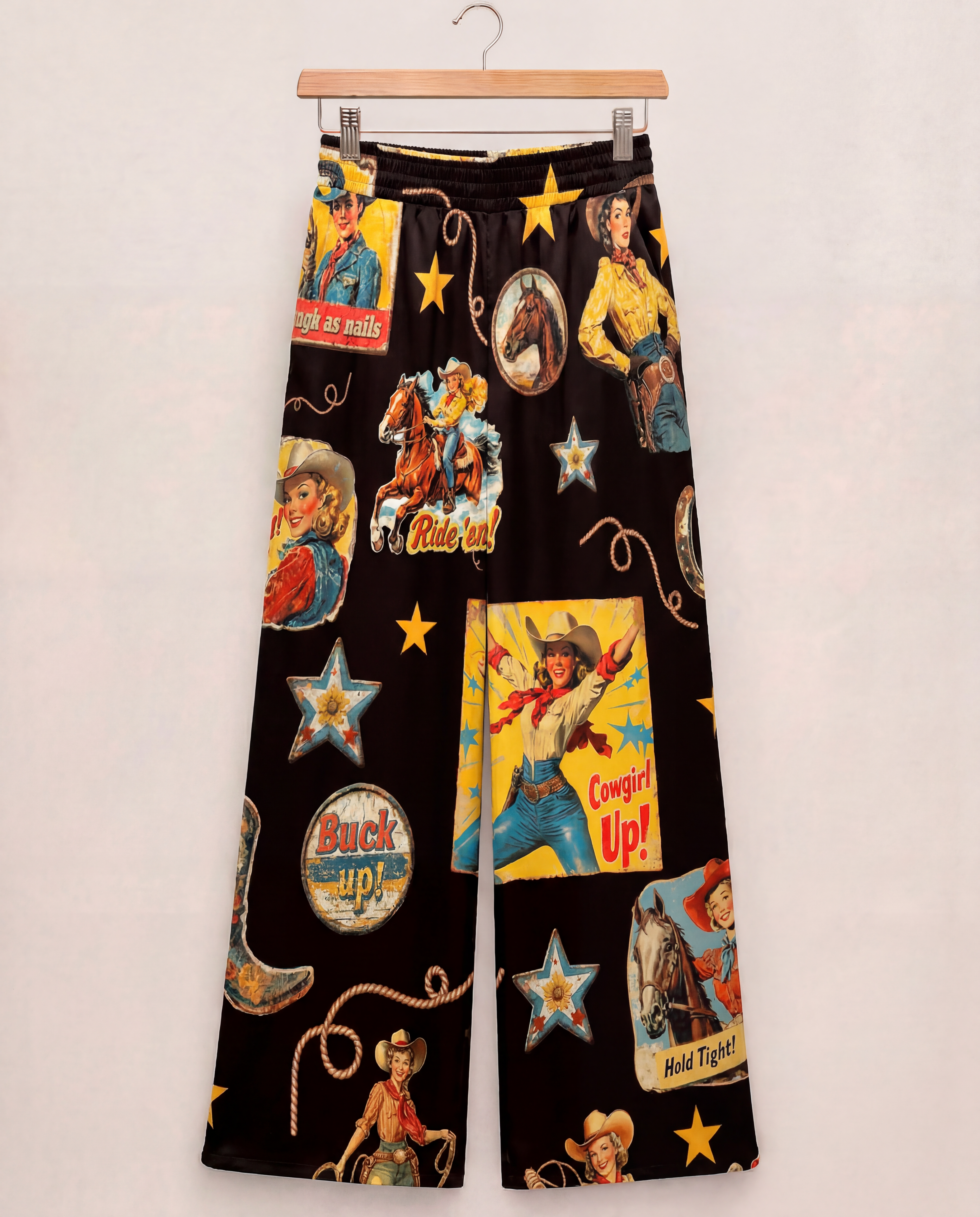 Baha Ranch Vintage Cowgirl Collage High Waisted Wide Leg Pants Inclusive Sizing