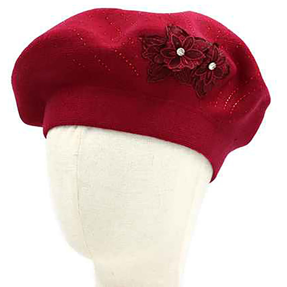 Floral Applique Accent Winter Beret Hat